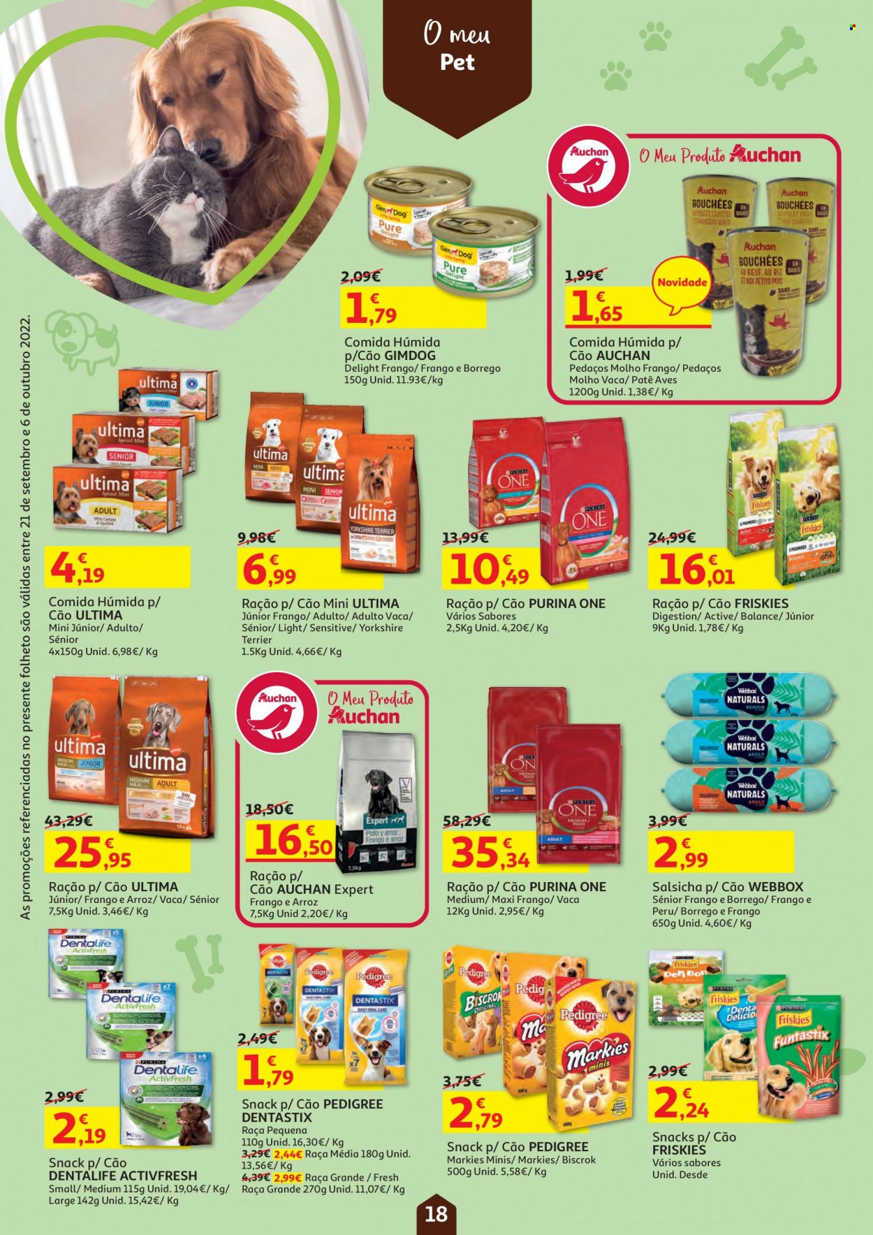 thumbnail - Folheto Auchan - 21.9.2022 - 6.10.2022 - Produtos em promoção - salsicha, alimentos para cães, Friskies, Pedigree, Purina, ração, Dentastix. Página 18.