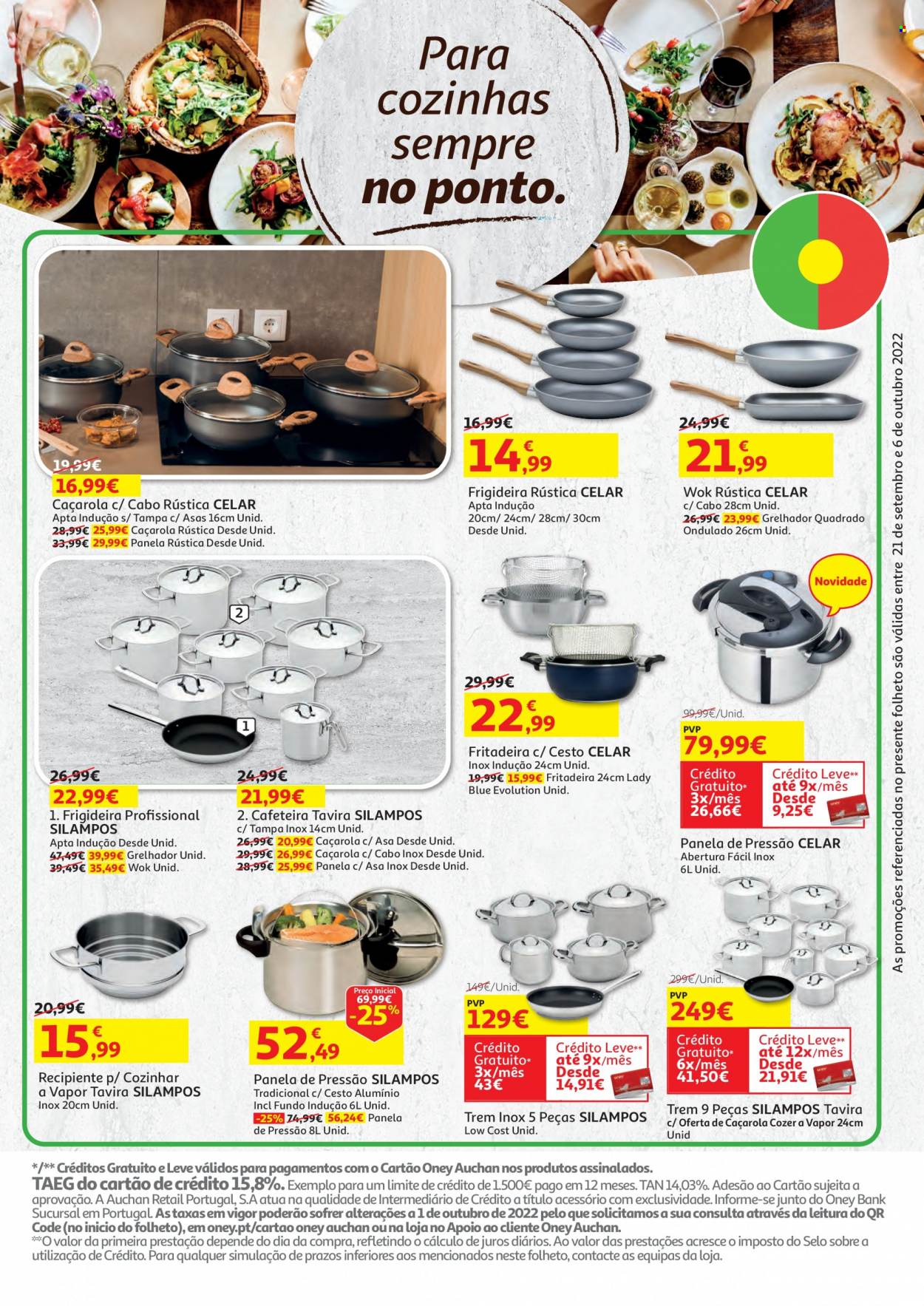 thumbnail - Folheto Auchan - 21.9.2022 - 6.10.2022 - Produtos em promoção - caçarola, frigideira, panela de pressão, wok, cafeteira, fritadeira, churrasqueira, grelhador. Página 23.