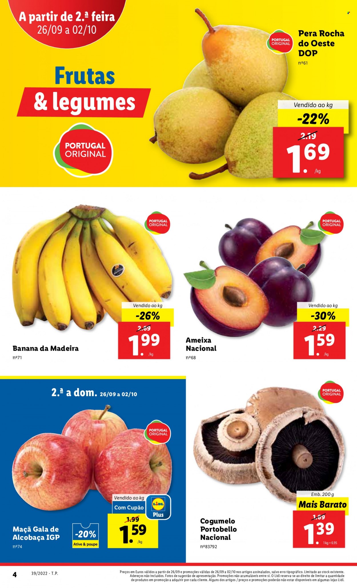 thumbnail - Folheto Lidl - 26.9.2022 - 2.10.2022 - Produtos em promoção - banana, maçã, pera, ameixa, cogumelo, portobello. Página 22.