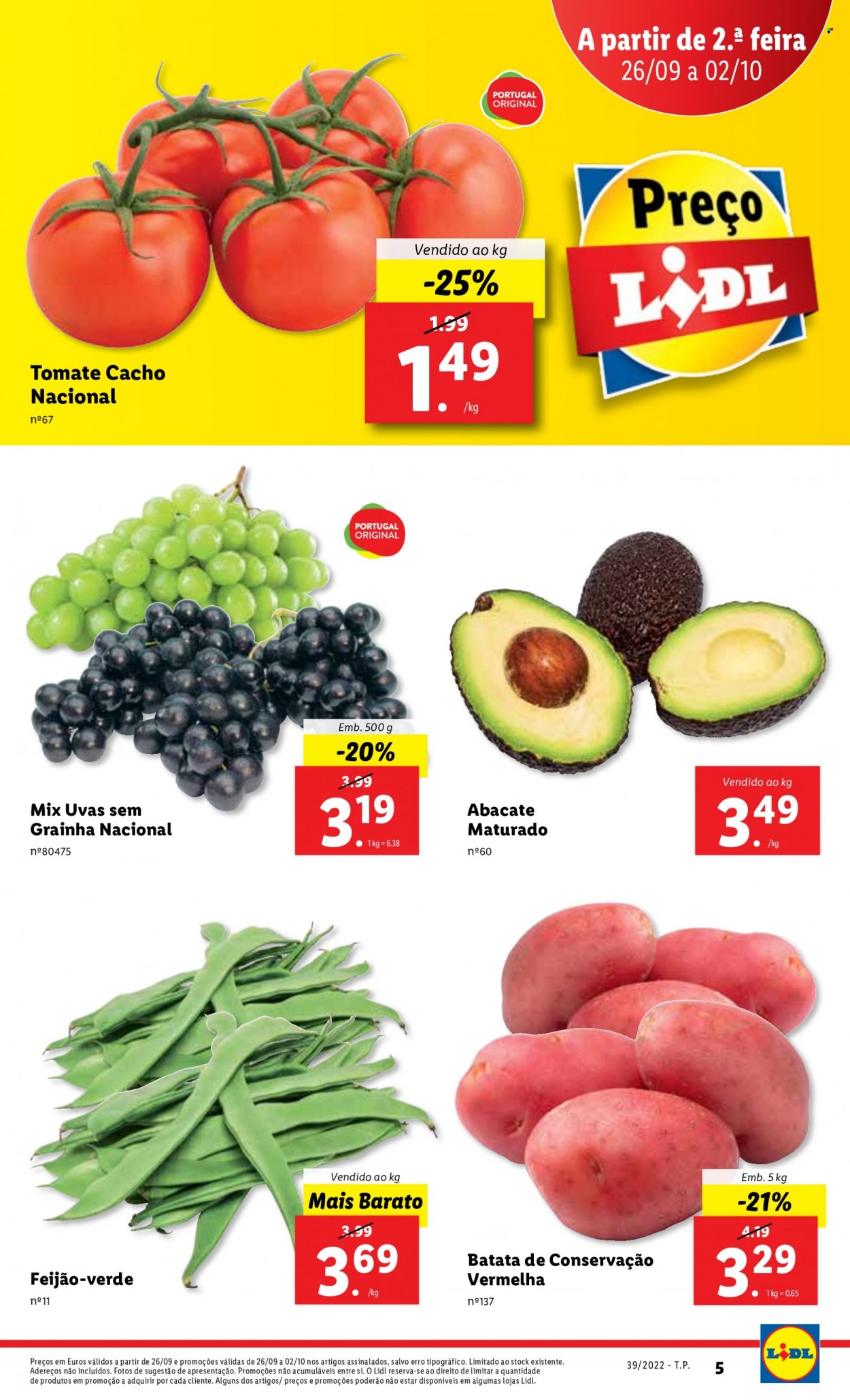 thumbnail - Folheto Lidl - 26.9.2022 - 2.10.2022 - Produtos em promoção - uva, abacate, batata, feijão verde, feijão. Página 5.