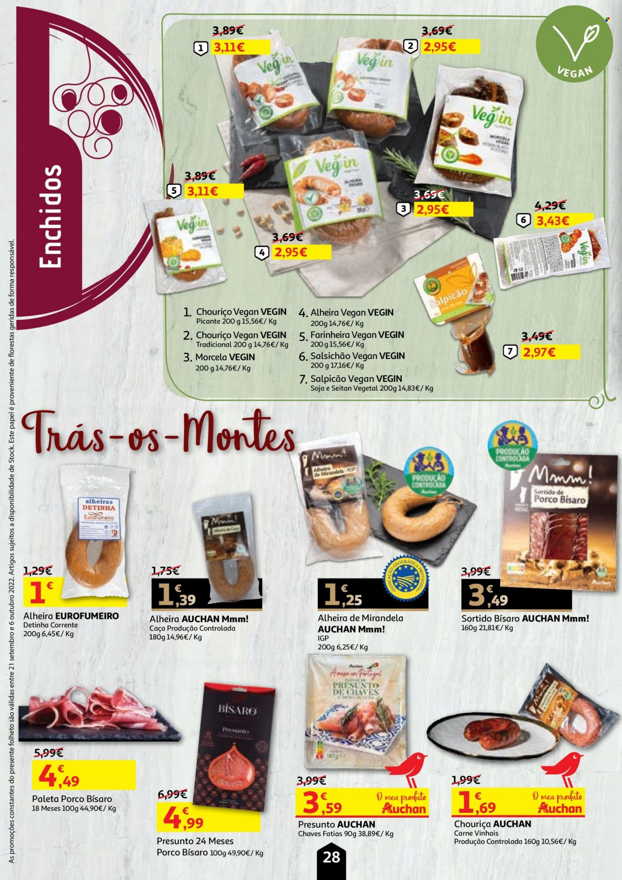 thumbnail - Folheto Auchan - 20.9.2022 - 6.10.2022 - Produtos em promoção - carne, presunto, chouriço, alheira, salsichão, morcela, soja, seitan. Página 28.