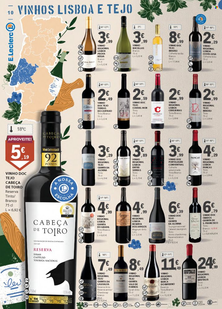 thumbnail - Folheto E.Leclerc - 27.9.2022 - 16.10.2022 - Produtos em promoção - vinho, Chardonnay, vinho branco, vinho tinto, syrah, forno. Página 10.