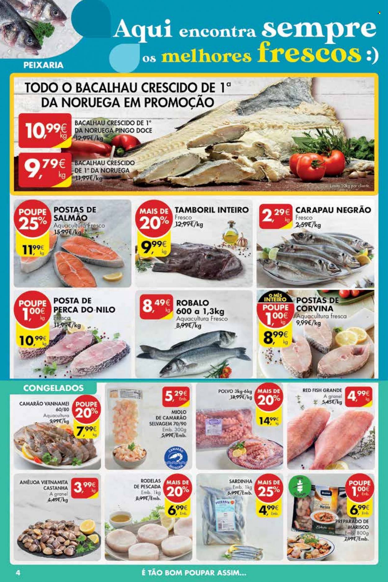 thumbnail - Folheto Pingo Doce - 27.9.2022 - 3.10.2022 - Produtos em promoção - salmão, camarão, polvo, corvina, marisco, robalo, amêijoa, carapau, red fish, sardinhas. Página 4.