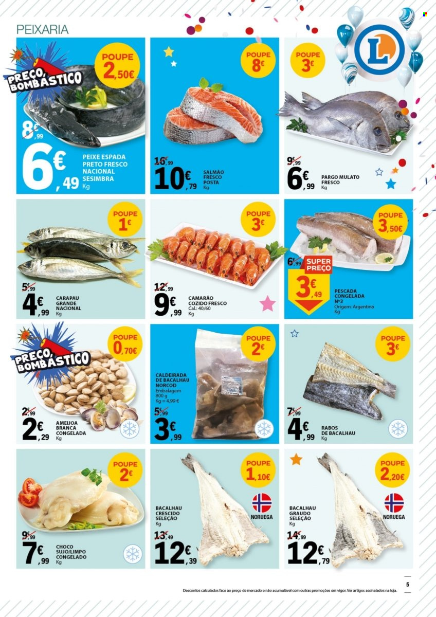 thumbnail - Folheto E.Leclerc - 29.9.2022 - 12.10.2022 - Produtos em promoção - salmão, camarão, bacalhau, peixe espada, peixe, amêijoa, carapau. Página 5.