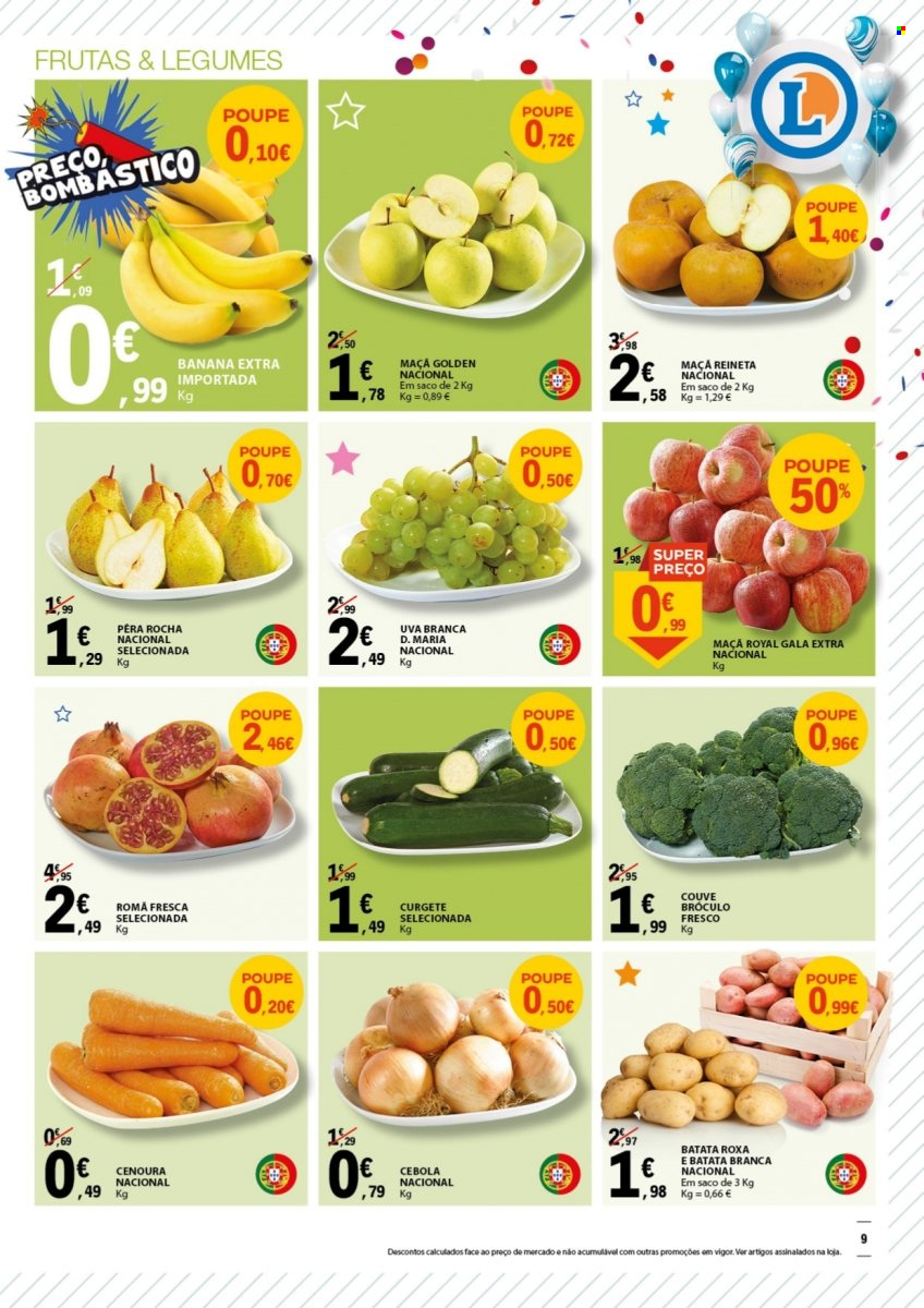 thumbnail - Folheto E.Leclerc - 29.9.2022 - 12.10.2022 - Produtos em promoção - banana, maçã, pera, uva, uva branca, couve, cebola, cenoura, batata roxa, curgete. Página 9.