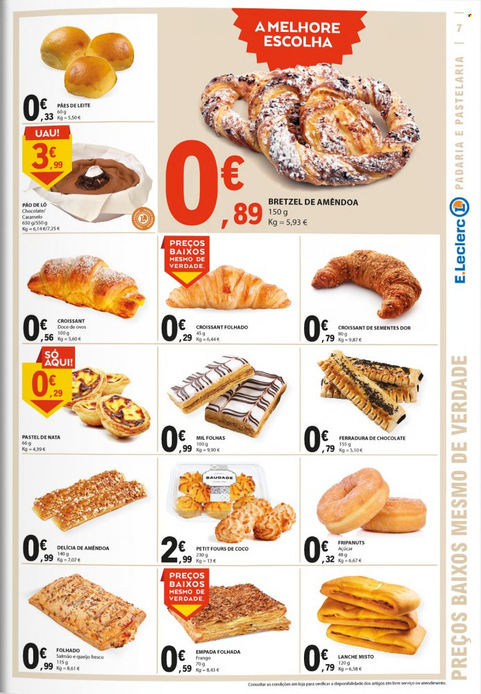 thumbnail - Folheto E.Leclerc - 29.9.2022 - 5.10.2022 - Produtos em promoção - pretzels, croissant, pão de ló, tarte de nata, pão de leite, frango, queijo fresco, açúcar. Página 7.