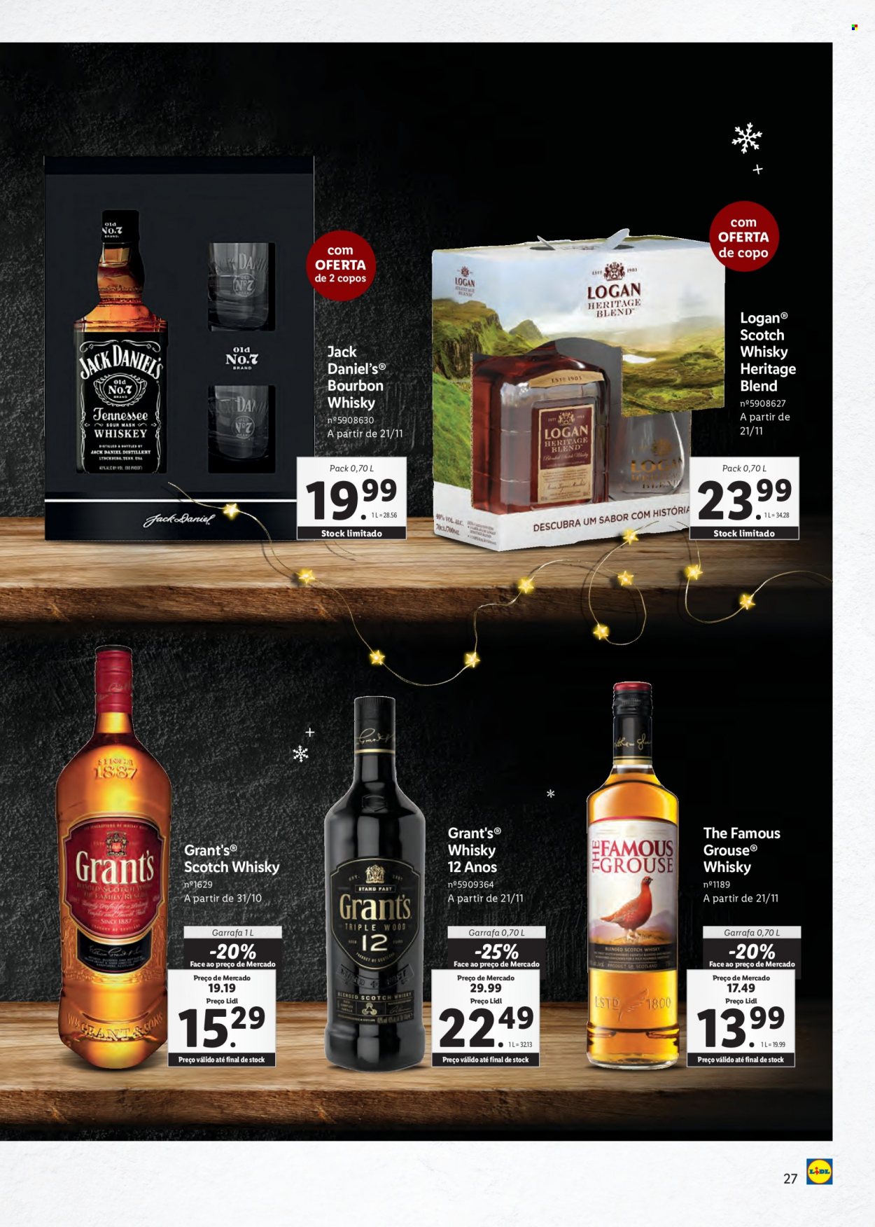 thumbnail - Folheto Lidl - Produtos em promoção - Grant‘s, Jack Daniel's, whiskey, scotch whisky, bourbon. Página 27.