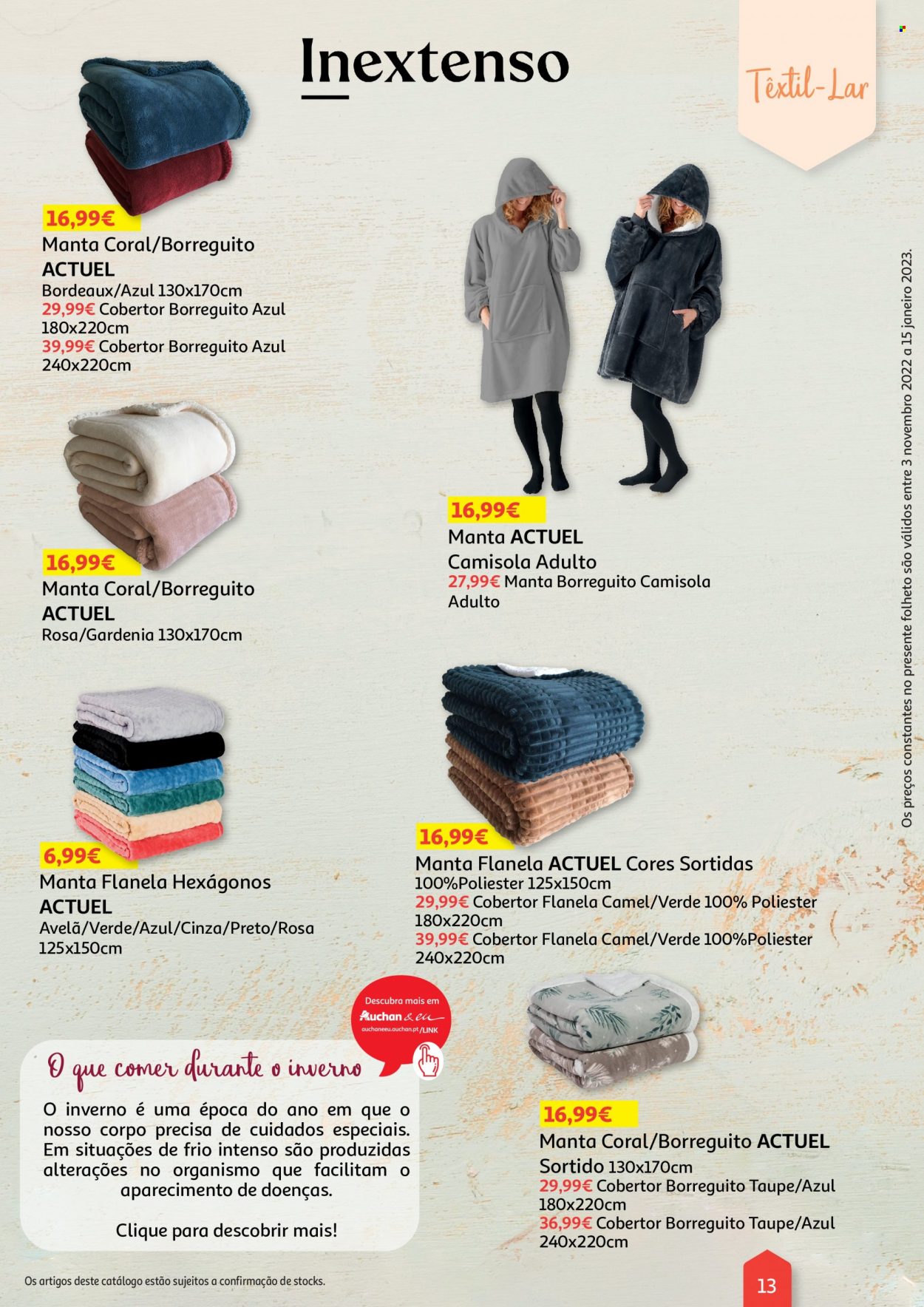 thumbnail - Folheto Auchan - 3.11.2022 - 15.1.2023 - Produtos em promoção - avelã, manta, camisola. Página 13.