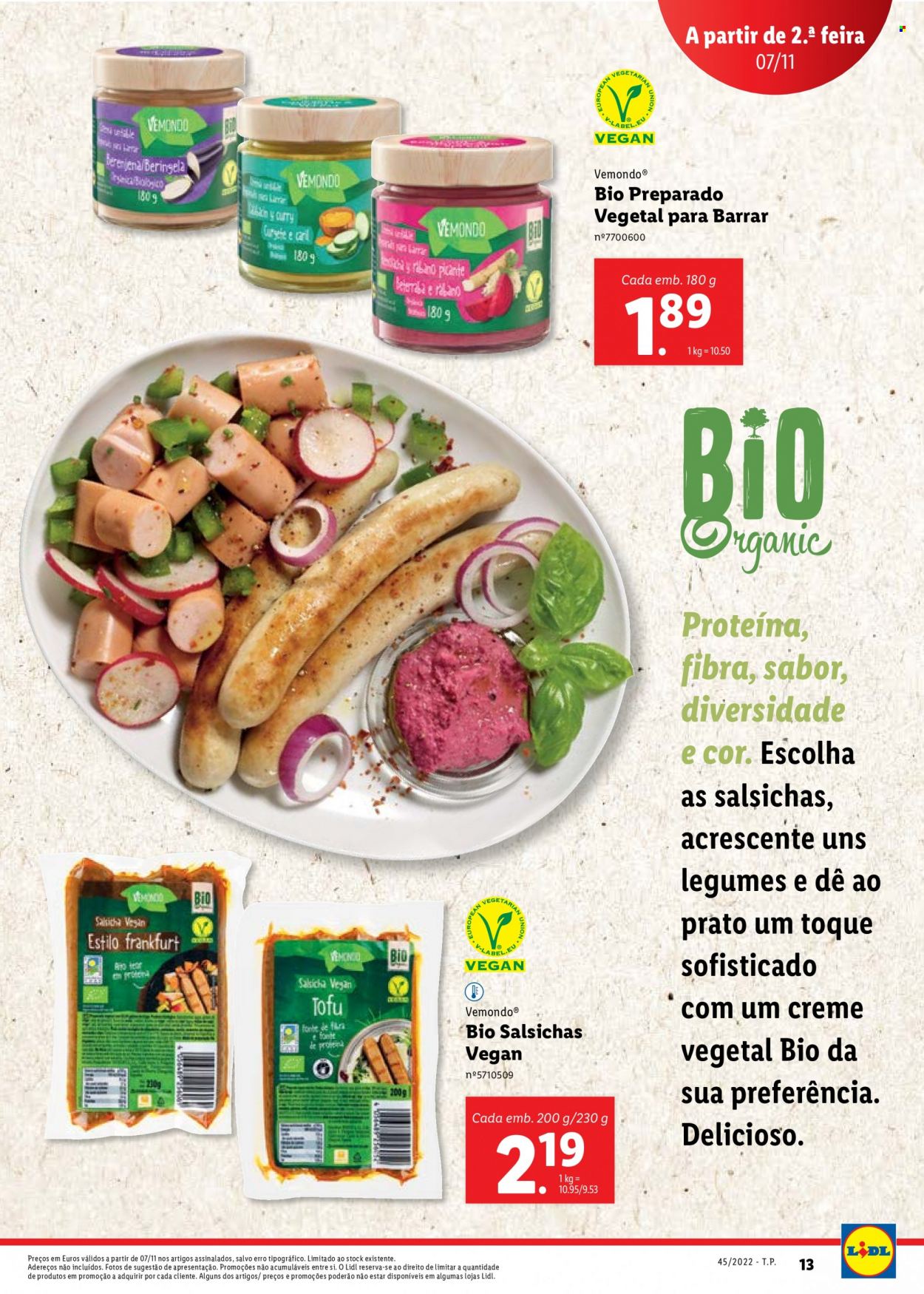 thumbnail - Folheto Lidl - 7.11.2022 - 22.12.2022 - Produtos em promoção - salsicha, creme vegetal, prato. Página 13.