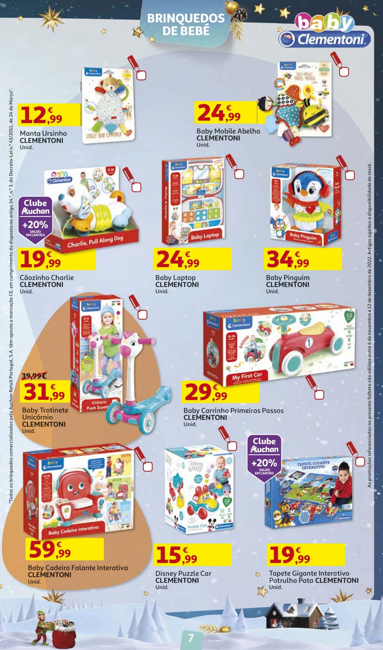 thumbnail - Folheto Auchan - 4.11.2022 - 12.12.2022 - Produtos em promoção - Disney, manta, tapete, PC portátil, cadeira, unicórnio, trotinete, puzzle. Página 7.