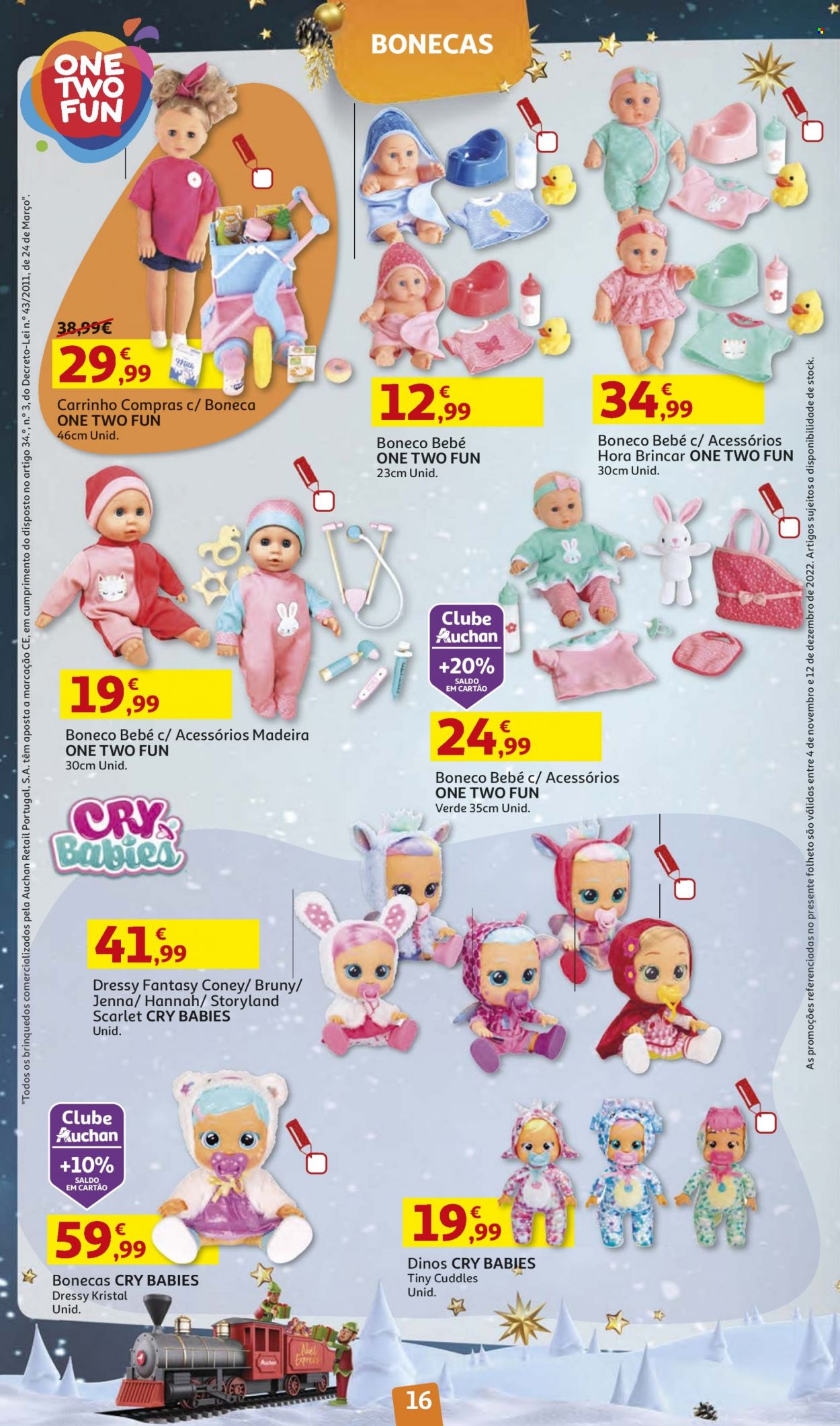 thumbnail - Folheto Auchan - 4.11.2022 - 12.12.2022 - Produtos em promoção - carrinho para compras, Cry Babies, boneca. Página 16.