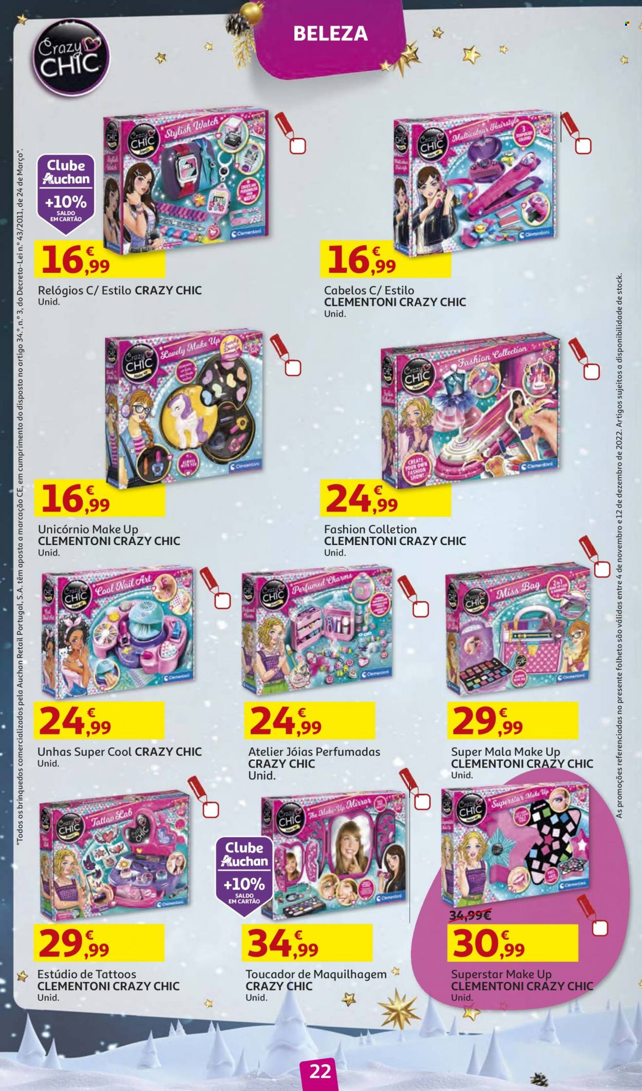thumbnail - Folheto Auchan - 4.11.2022 - 12.12.2022 - Produtos em promoção - maquiagem, toucador, unicórnio. Página 22.