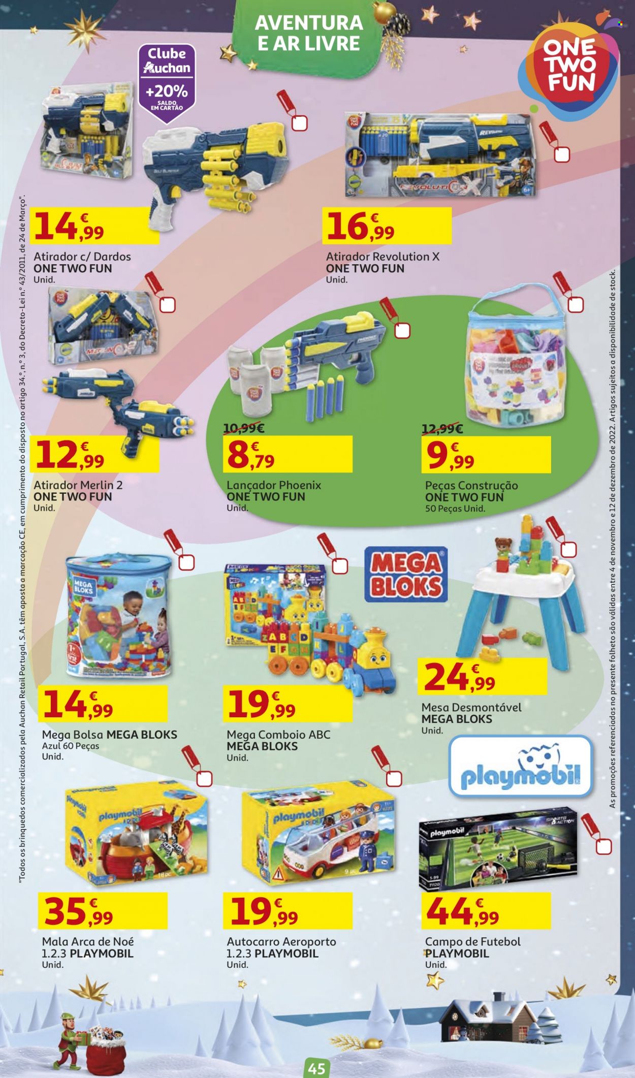 thumbnail - Folheto Auchan - 4.11.2022 - 12.12.2022 - Produtos em promoção - bolsa, refrigerador, frigorífico, mesa, Mega Bloks, jogo de dardo. Página 45.