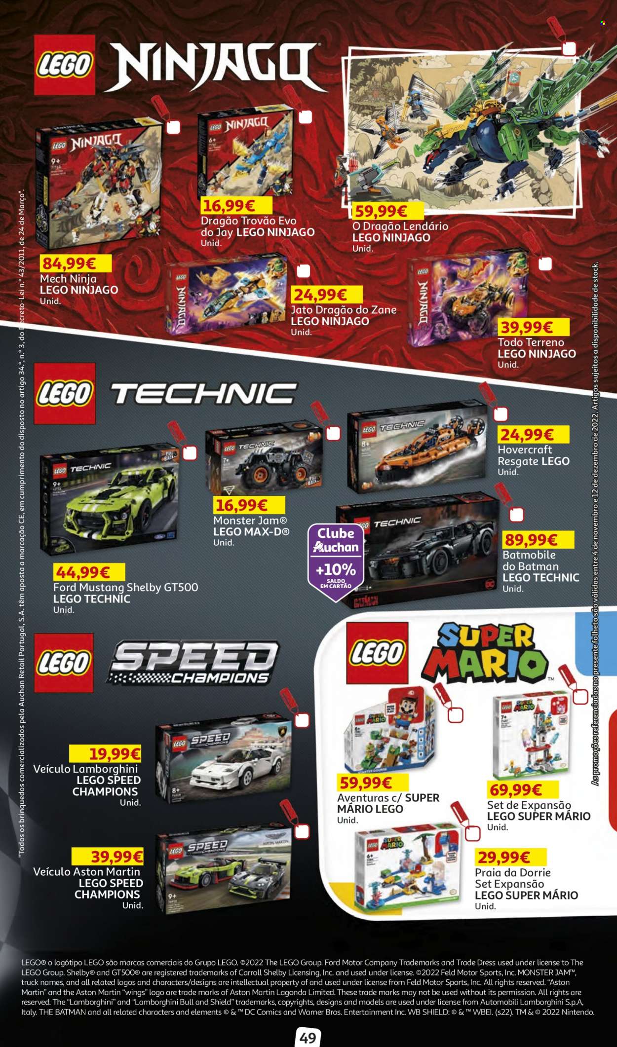 thumbnail - Folheto Auchan - 4.11.2022 - 12.12.2022 - Produtos em promoção - LEGO, LEGO Ninjago, Ford Mustang, carro brinquedo. Página 49.