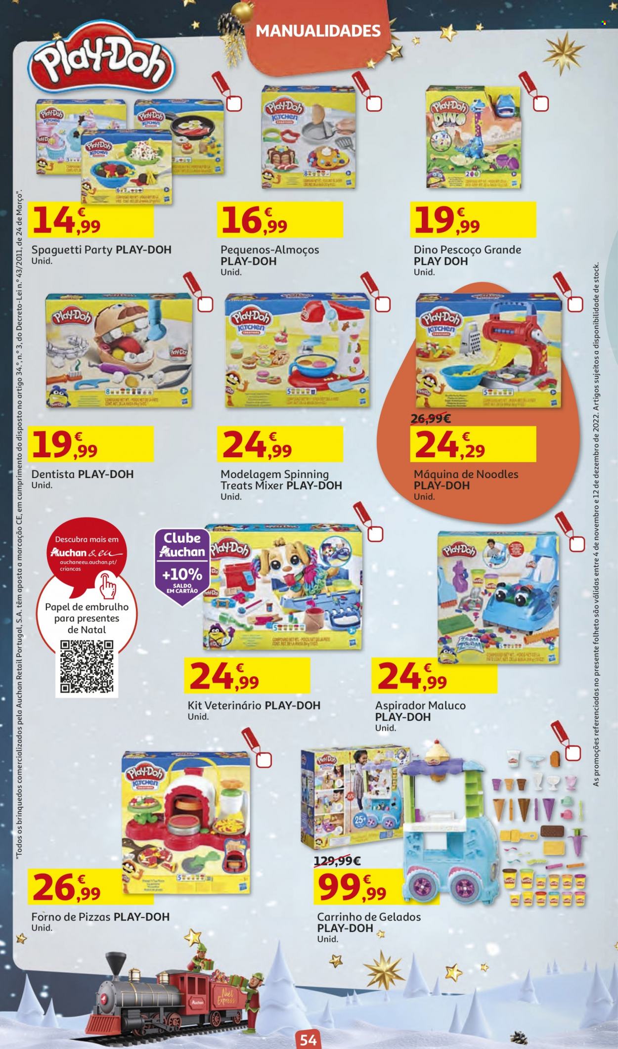 thumbnail - Folheto Auchan - 4.11.2022 - 12.12.2022 - Produtos em promoção - pizza, gelado, forno, aspirador, Play-Doh. Página 54.