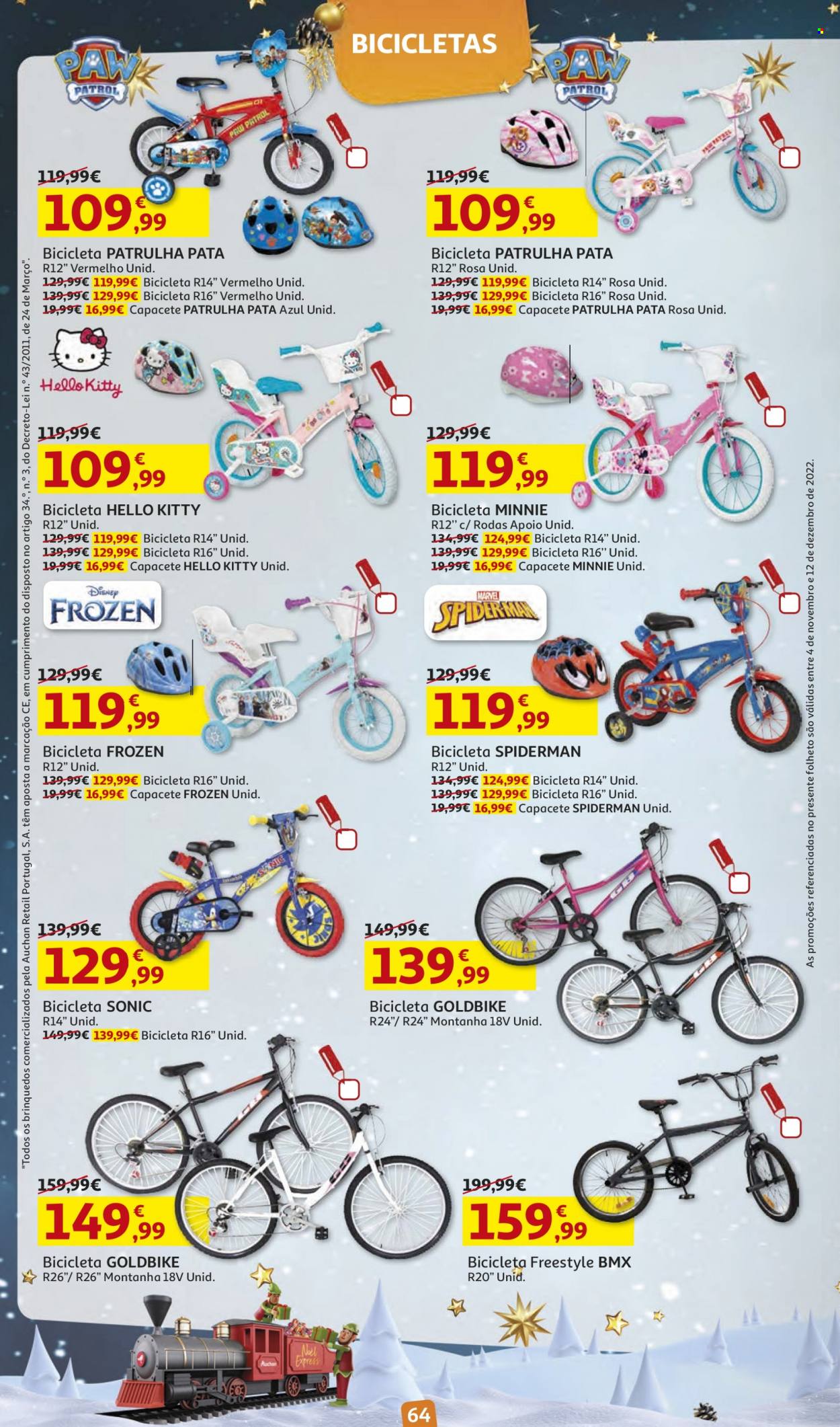 thumbnail - Folheto Auchan - 4.11.2022 - 12.12.2022 - Produtos em promoção - Frozen, Spiderman, Hello Kitty, Minnie, bicicleta, capacete. Página 64.