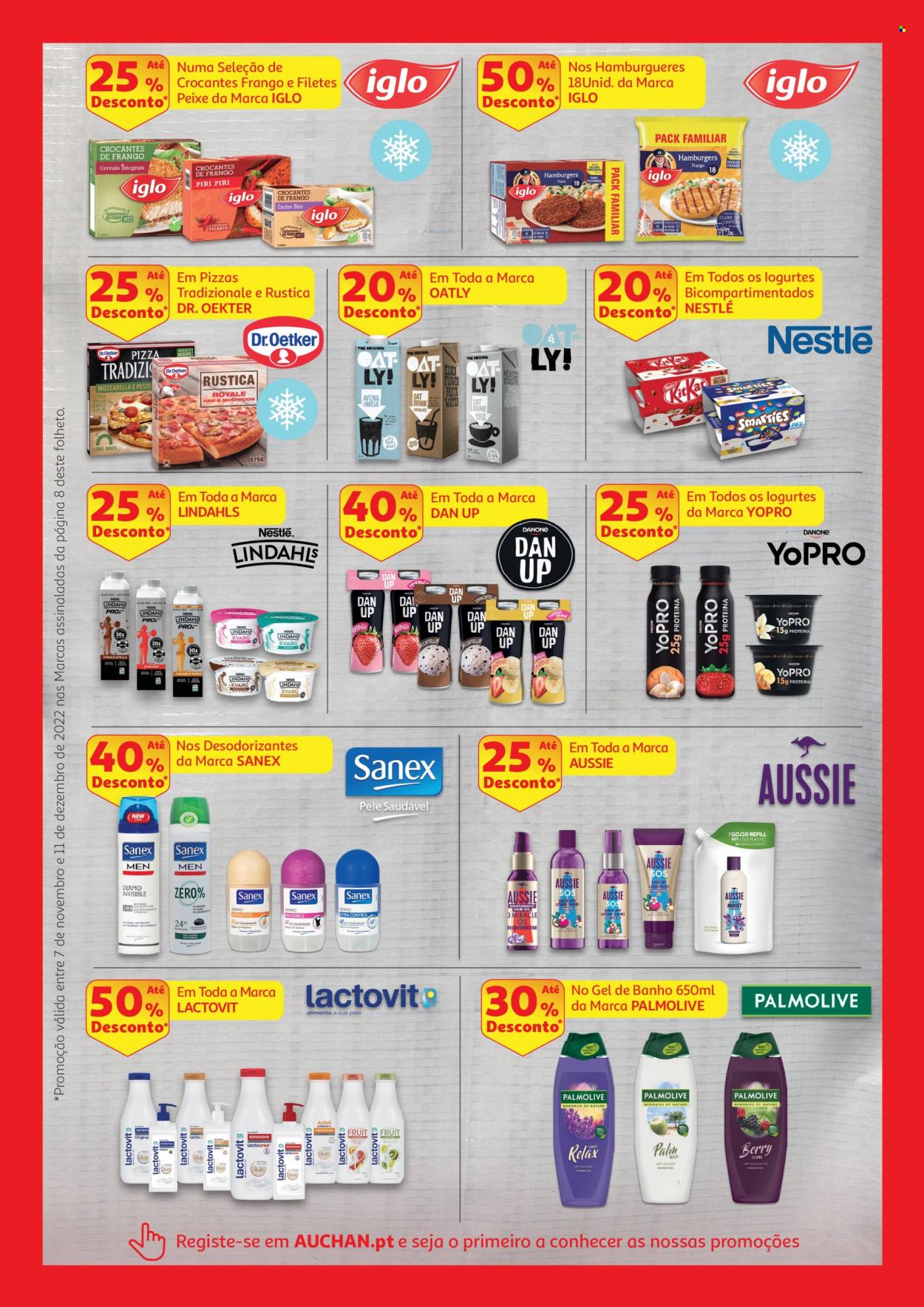 thumbnail - Folheto Auchan - 7.11.2022 - 11.12.2022 - Produtos em promoção - hamburger, Iglo, peixe, pizza, Yopro, Nestlé, Palmolive, Lactovit, gel de banho. Página 8.