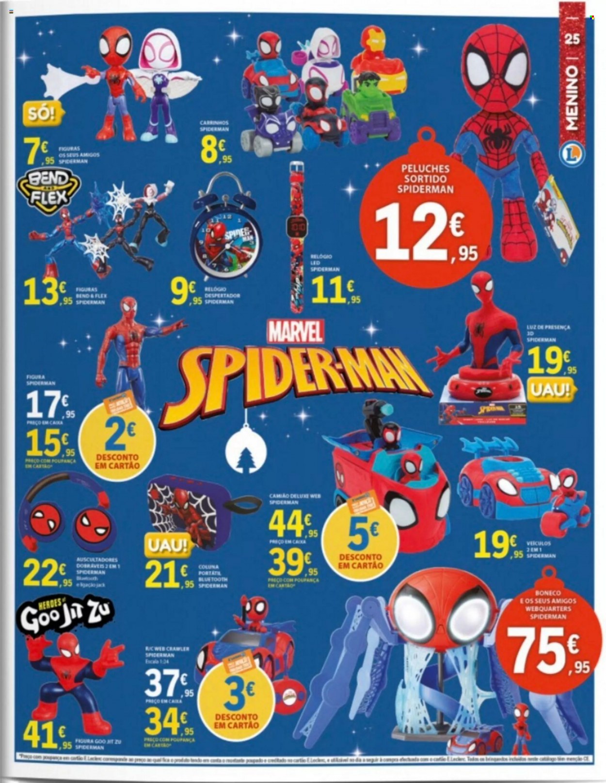 thumbnail - Folheto E.Leclerc - 8.11.2022 - 8.12.2022 - Produtos em promoção - Spiderman, relógio, despertador, Marvel, coluna de som, auriculares, figura, boneca, carro brinquedo. Página 25.