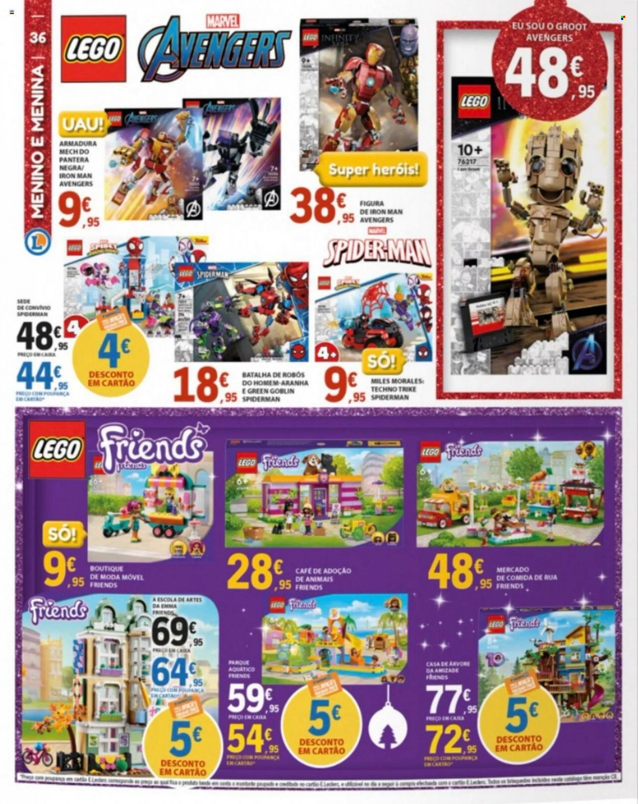 thumbnail - Folheto E.Leclerc - 8.11.2022 - 8.12.2022 - Produtos em promoção - café, Avengers, Spiderman, LEGO, figura, LEGO Friends. Página 36.
