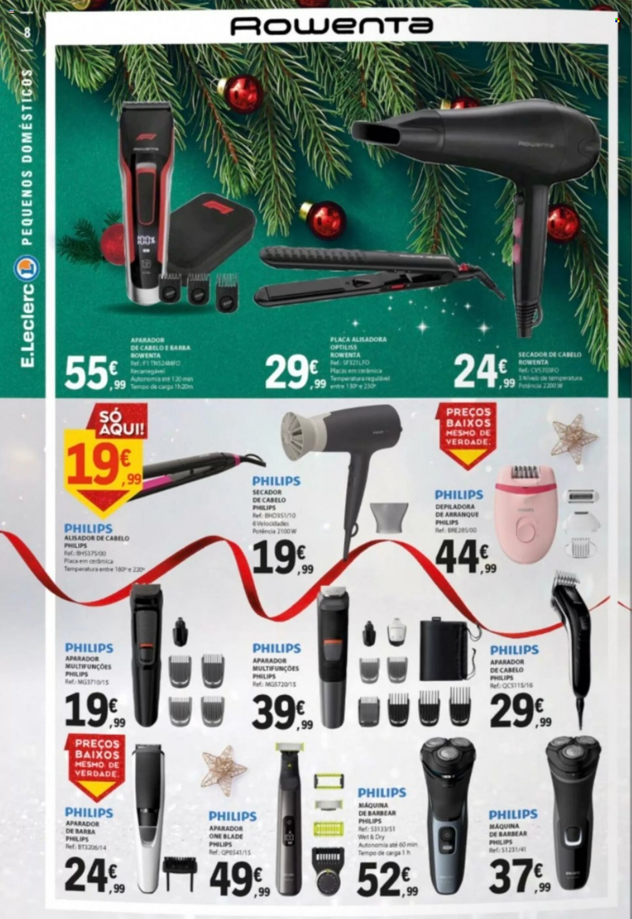 thumbnail - Folheto E.Leclerc - 15.11.2022 - 18.12.2022 - Produtos em promoção - aparelho de barbear, depiladora, cortador de cabelo, secador de cabelos. Página 8.