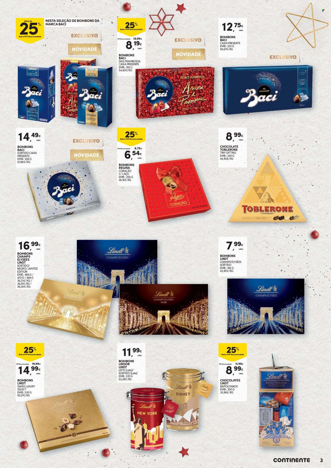 thumbnail - Folheto Continente - 15.11.2022 - 24.12.2022 - Produtos em promoção - framboesa, leite, chocolate, bombom, Dolce & Gabbana, Lindor, caramelos. Página 3.