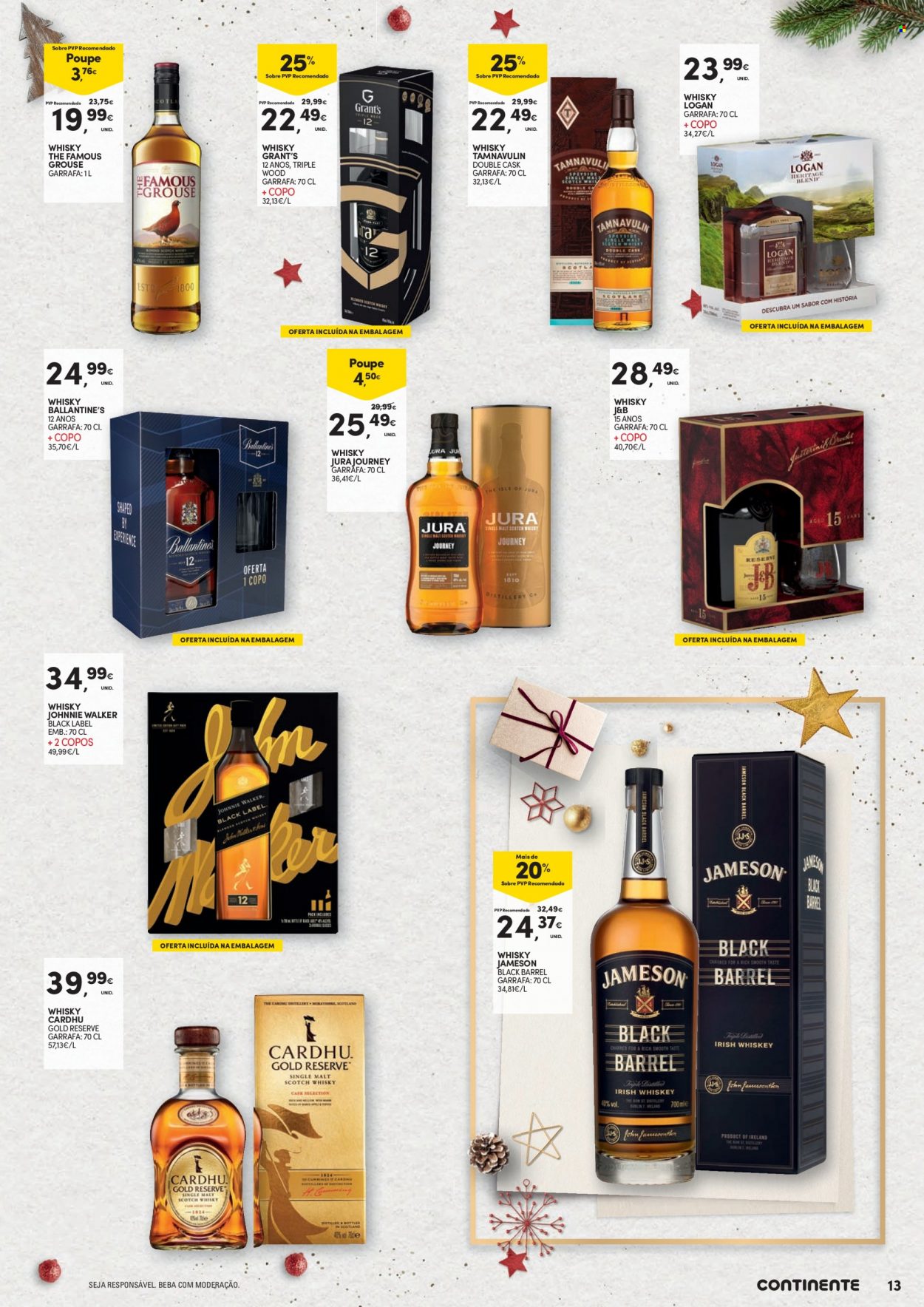 thumbnail - Folheto Continente - 15.11.2022 - 24.12.2022 - Produtos em promoção - Grant‘s, Jameson, whiskey, Johnnie Walker, Ballantine's, copo. Página 13.