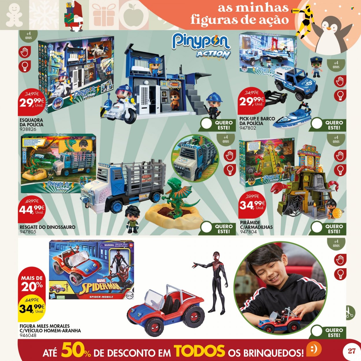 thumbnail - Folheto Pingo Doce - 16.11.2022 - 24.12.2022 - Produtos em promoção - Spiderman, Marvel, figura, dinossauro, carro brinquedo. Página 27.