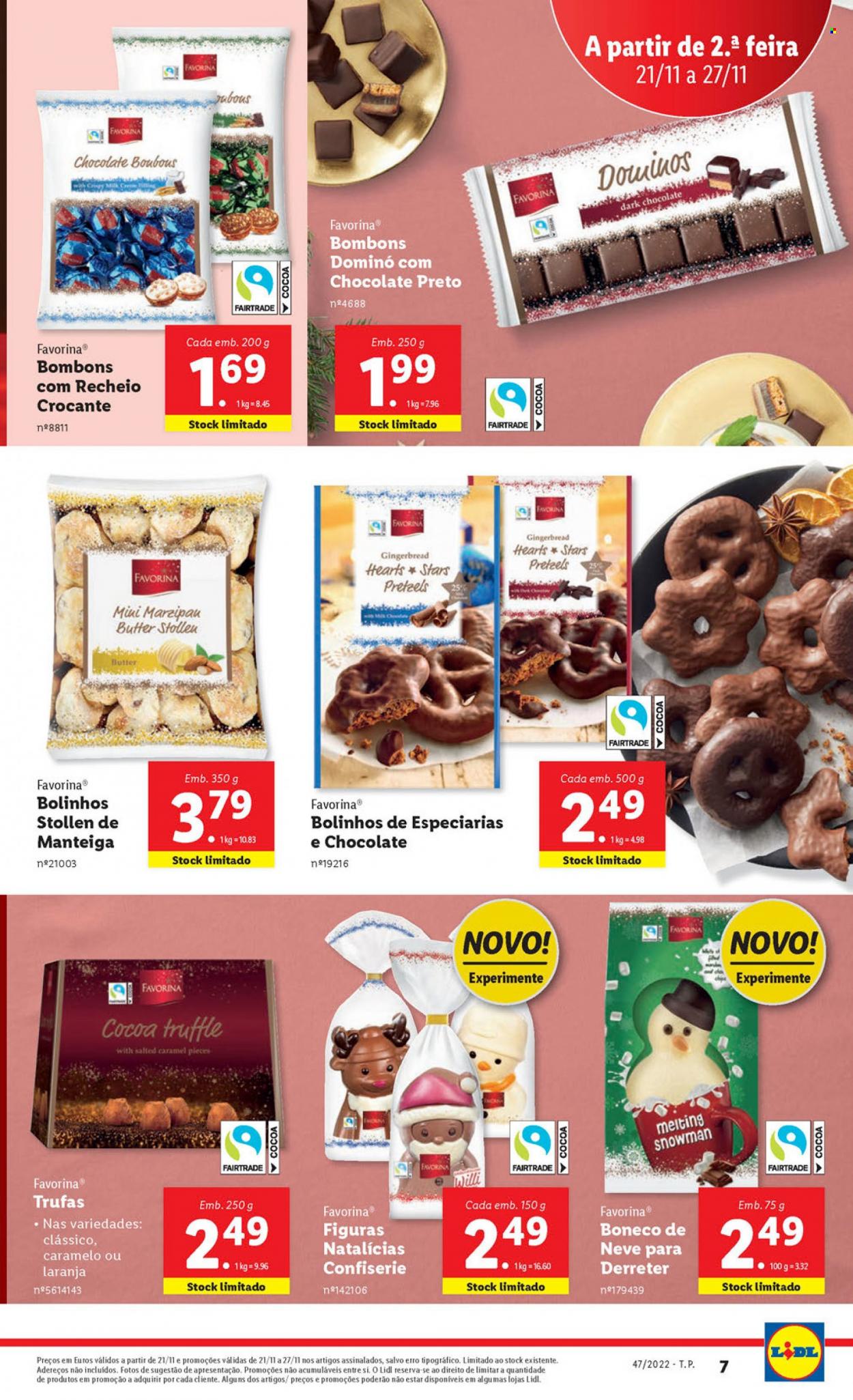 thumbnail - Folheto Lidl - 21.11.2022 - 27.11.2022 - Produtos em promoção - pretzels, stollen, manteiga, marzipan, bombom, caramelos, trufas, especiarias, boneca. Página 24.