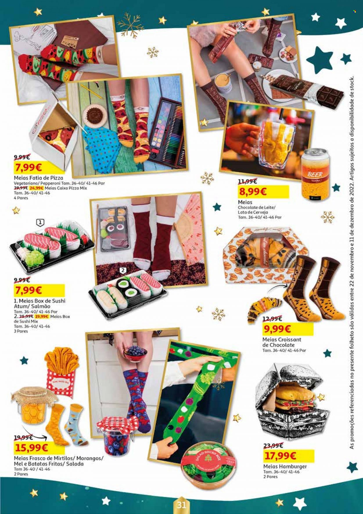 thumbnail - Folheto Auchan - 22.11.2022 - 11.12.2022 - Produtos em promoção - cerveja, mirtilo, croissant, hamburger, salmão, atum, meias. Página 31.