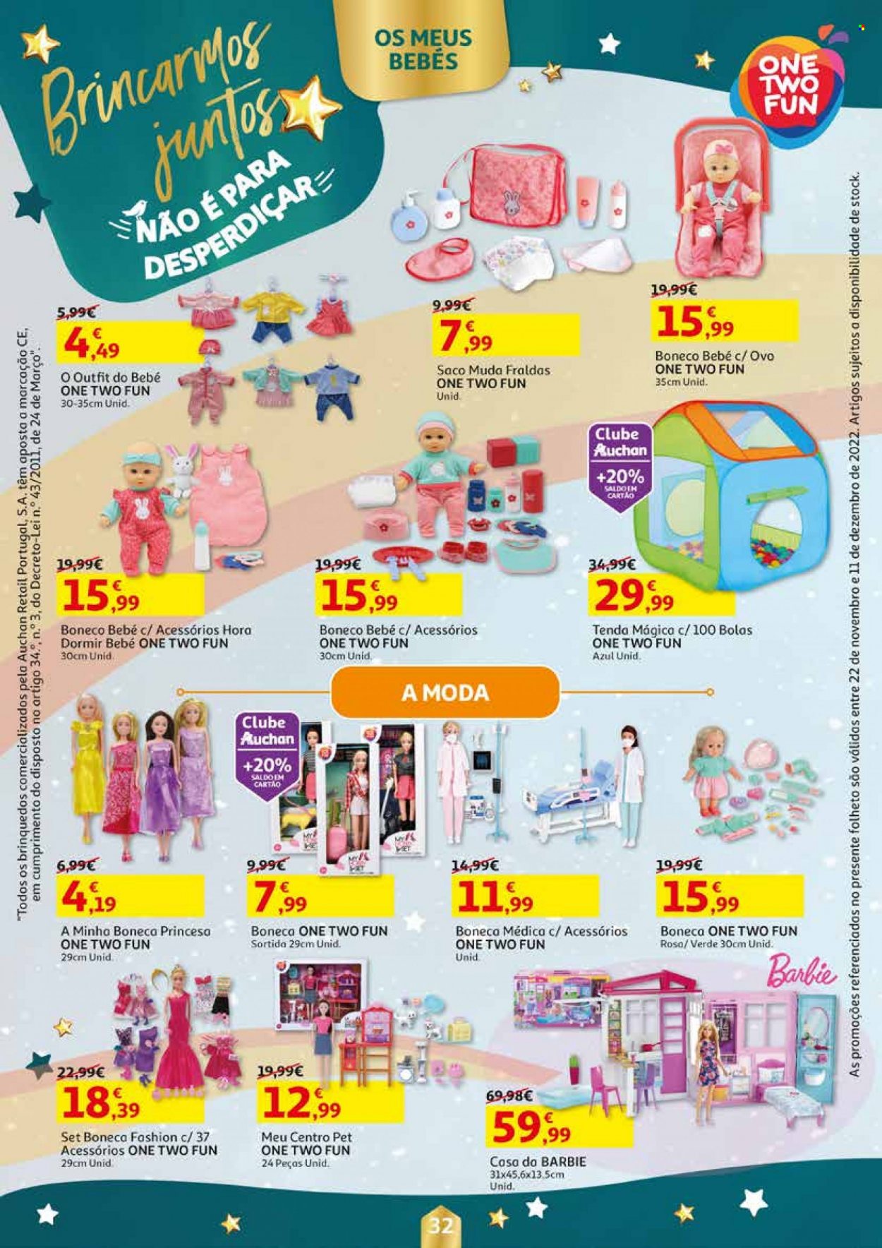 thumbnail - Folheto Auchan - 22.11.2022 - 11.12.2022 - Produtos em promoção - ovos, fraldas, Barbie, boneca. Página 32.