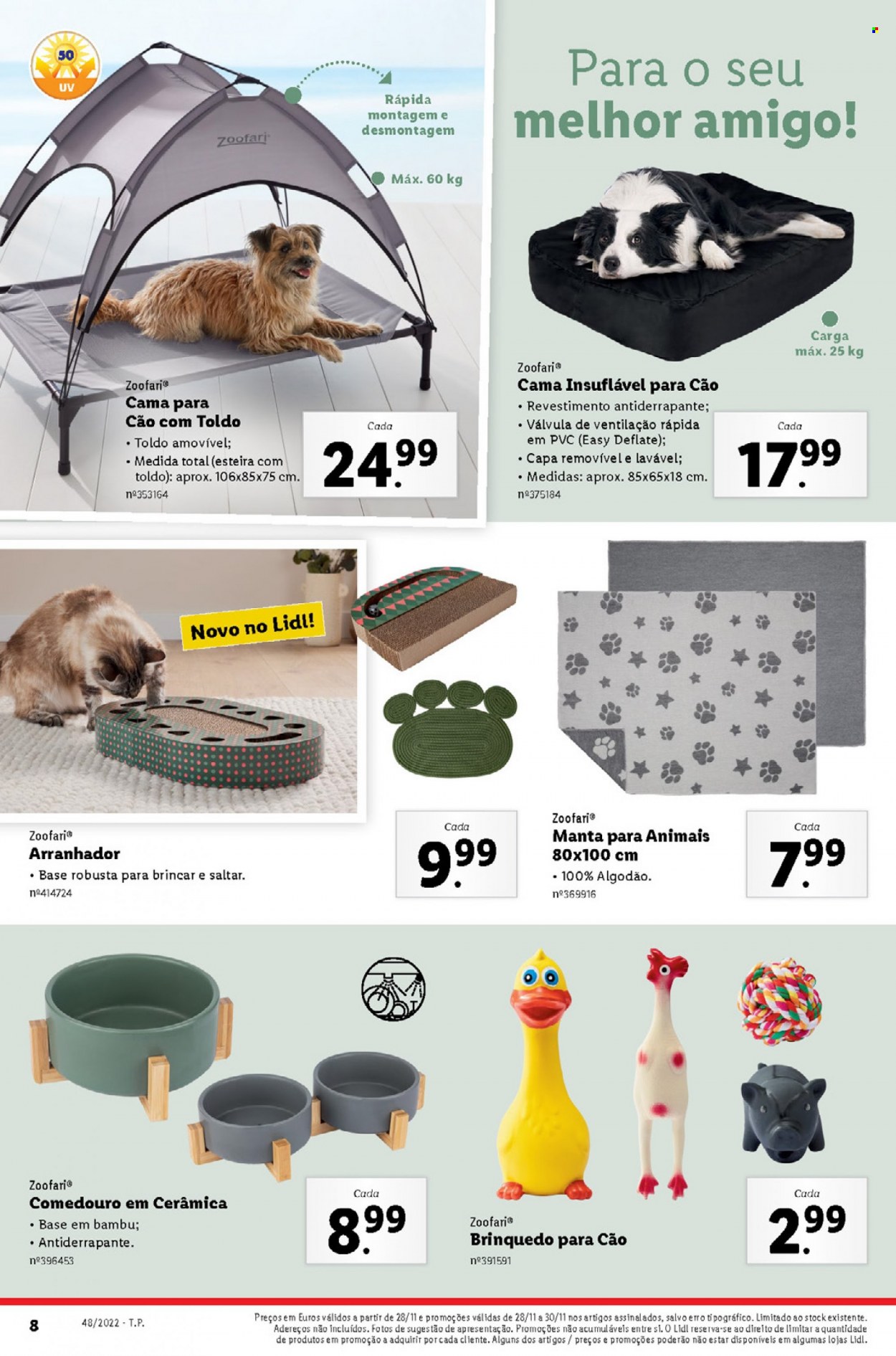 thumbnail - Folheto Lidl - 28.11.2022 - 4.12.2022 - Produtos em promoção - esteira, manta, cama para cães, comedouro, brinquedo. Página 8.