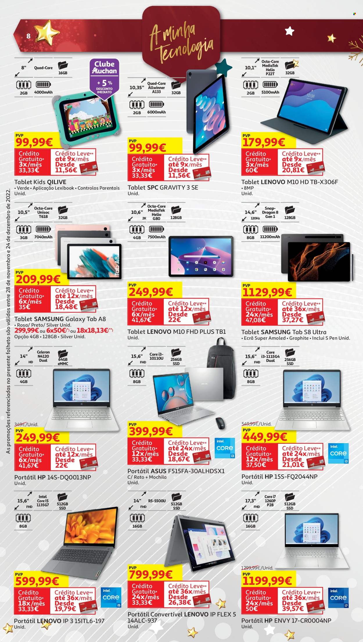 thumbnail - Folheto Auchan - 28.11.2022 - 24.12.2022 - Produtos em promoção - Samsung, mochila, Asus, Lenovo, Samsung Galaxy, PC portátil, tablet, mouse. Página 8.