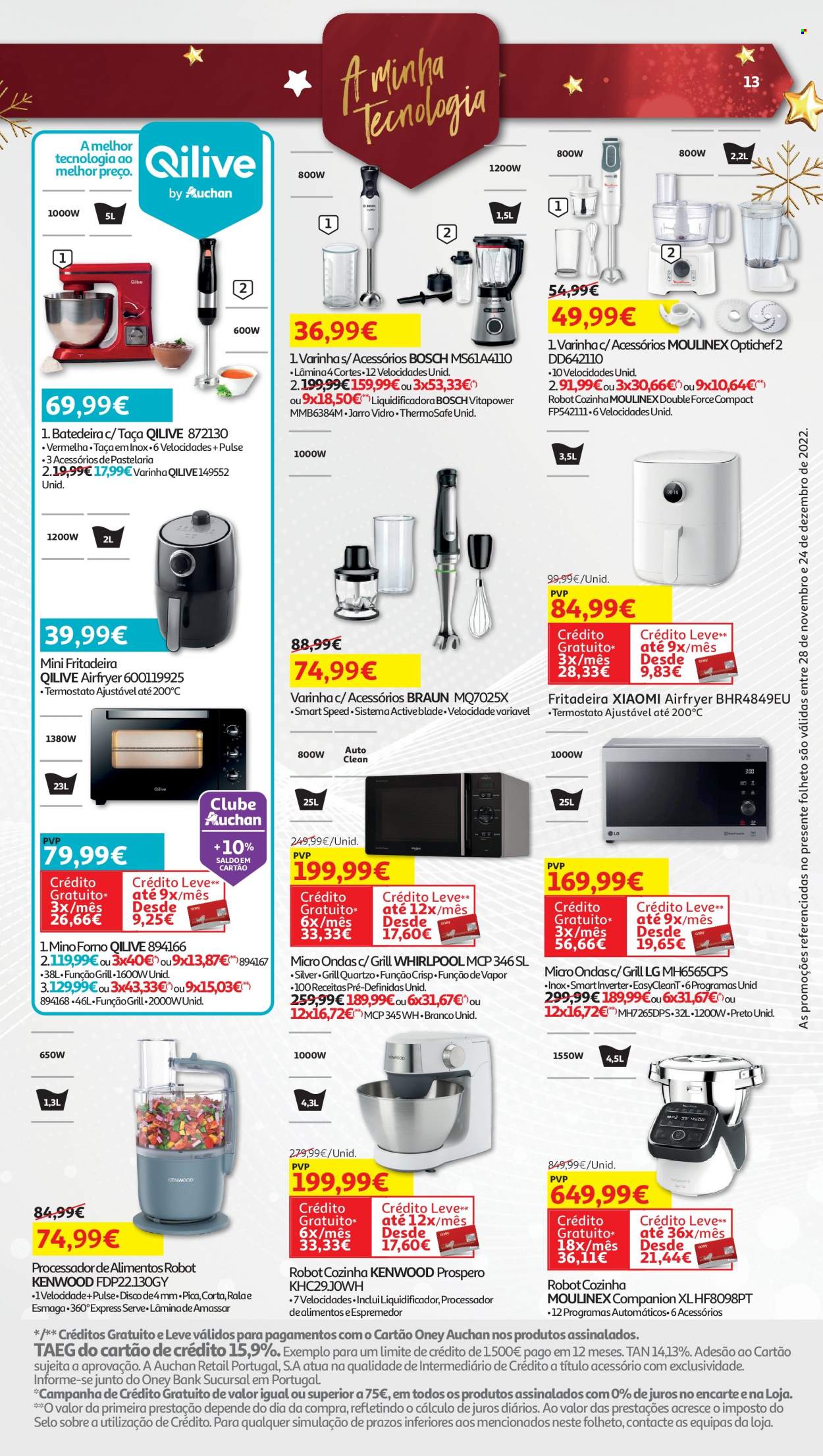 thumbnail - Folheto Auchan - 28.11.2022 - 24.12.2022 - Produtos em promoção - micro ondas, Bosch, espremedor, airfryer, batedeira, fritadeira, liquidificador, robô de cozinha, varinha, grelhador. Página 13.