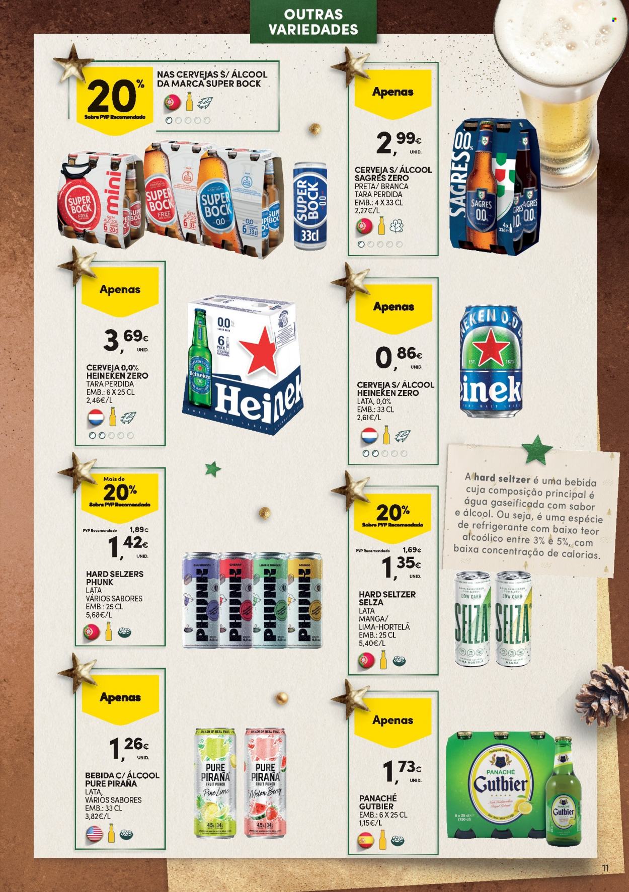 thumbnail - Folheto Continente - 29.11.2022 - 31.12.2022 - Produtos em promoção - Heineken, Sagres, Super Bock, cerveja, Panaché, hortelã, refrigerante, água. Página 11.