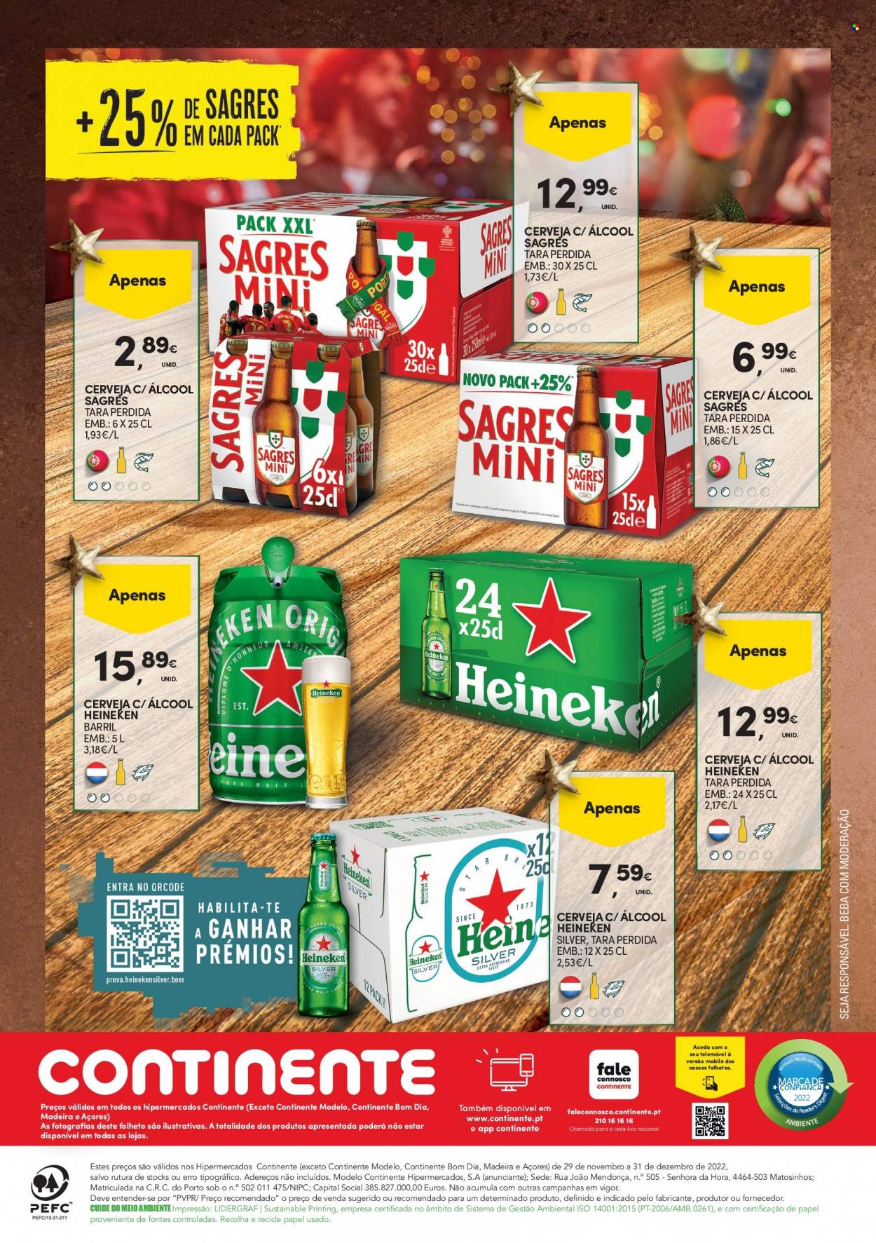thumbnail - Folheto Continente - 29.11.2022 - 31.12.2022 - Produtos em promoção - Heineken, Sagres, cerveja. Página 12.