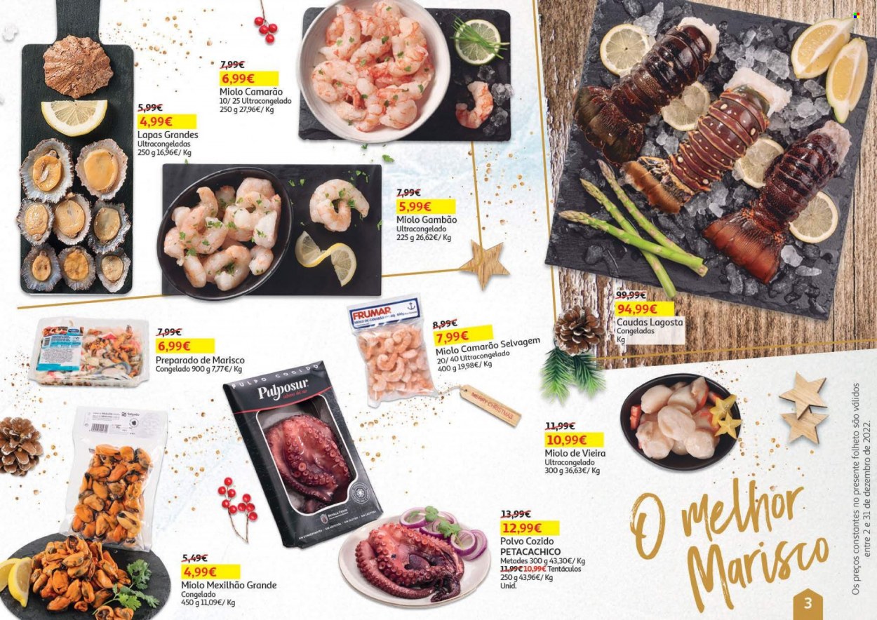 thumbnail - Folheto Auchan - 2.12.2022 - 31.12.2022 - Produtos em promoção - camarão, lagosta, polvo, marisco, mexilhão, gambão. Página 3.