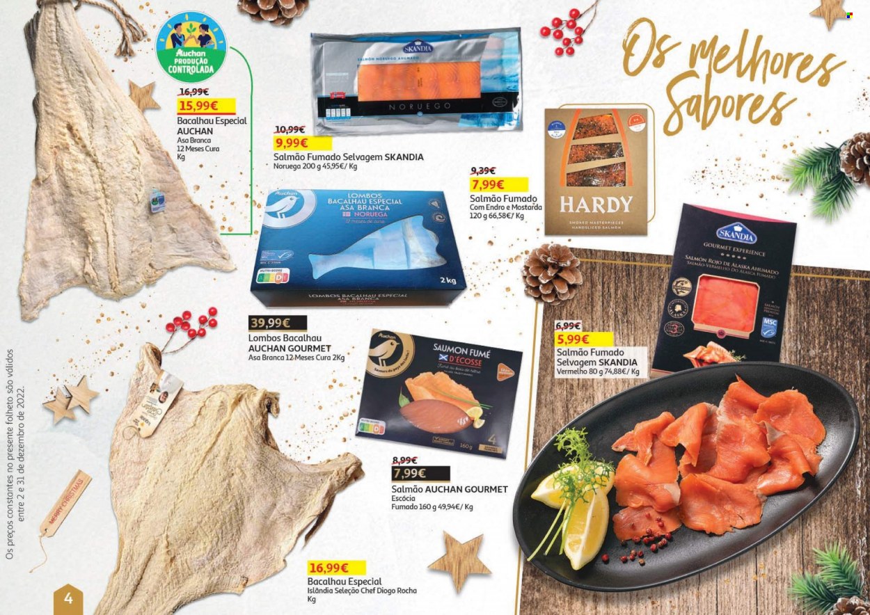 thumbnail - Folheto Auchan - 2.12.2022 - 31.12.2022 - Produtos em promoção - salmão, bacalhau, salmão fumado. Página 4.