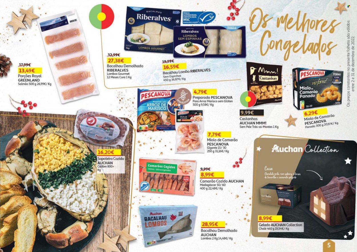 thumbnail - Folheto Auchan - 2.12.2022 - 31.12.2022 - Produtos em promoção - lombo, salmão, camarão, bacalhau, marisco, Pescanova, sapateira cozida, arroz de mariscos, gelado. Página 5.