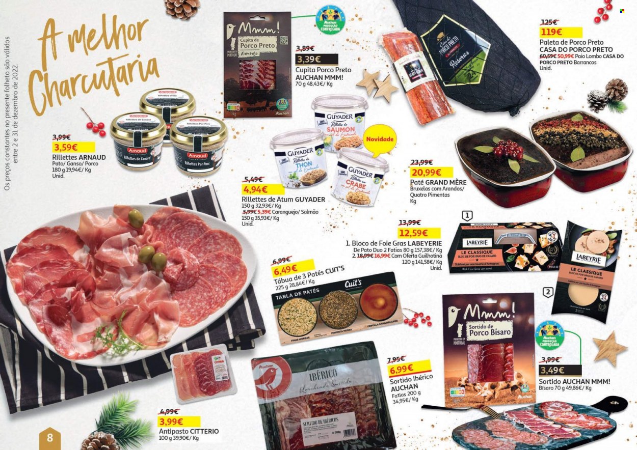 thumbnail - Folheto Auchan - 2.12.2022 - 31.12.2022 - Produtos em promoção - lombo, salmão, tábua, Foie Gras, Armagnac. Página 8.
