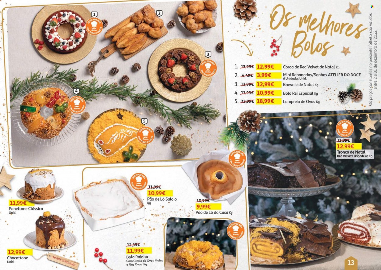 thumbnail - Folheto Auchan - 2.12.2022 - 31.12.2022 - Produtos em promoção - bolo, pão de ló, doce de brigadeiro, panetone. Página 13.