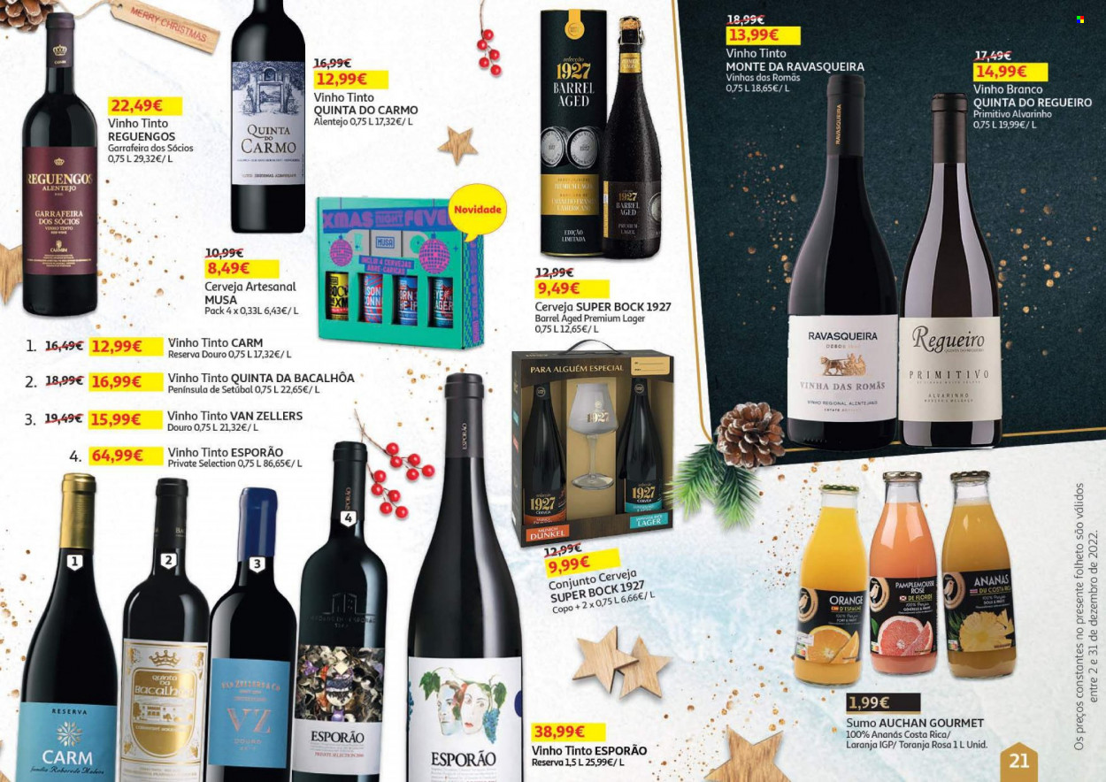 thumbnail - Folheto Auchan - 2.12.2022 - 31.12.2022 - Produtos em promoção - Super Bock, cerveja, sumo, vinho branco, vinho tinto, copo. Página 21.