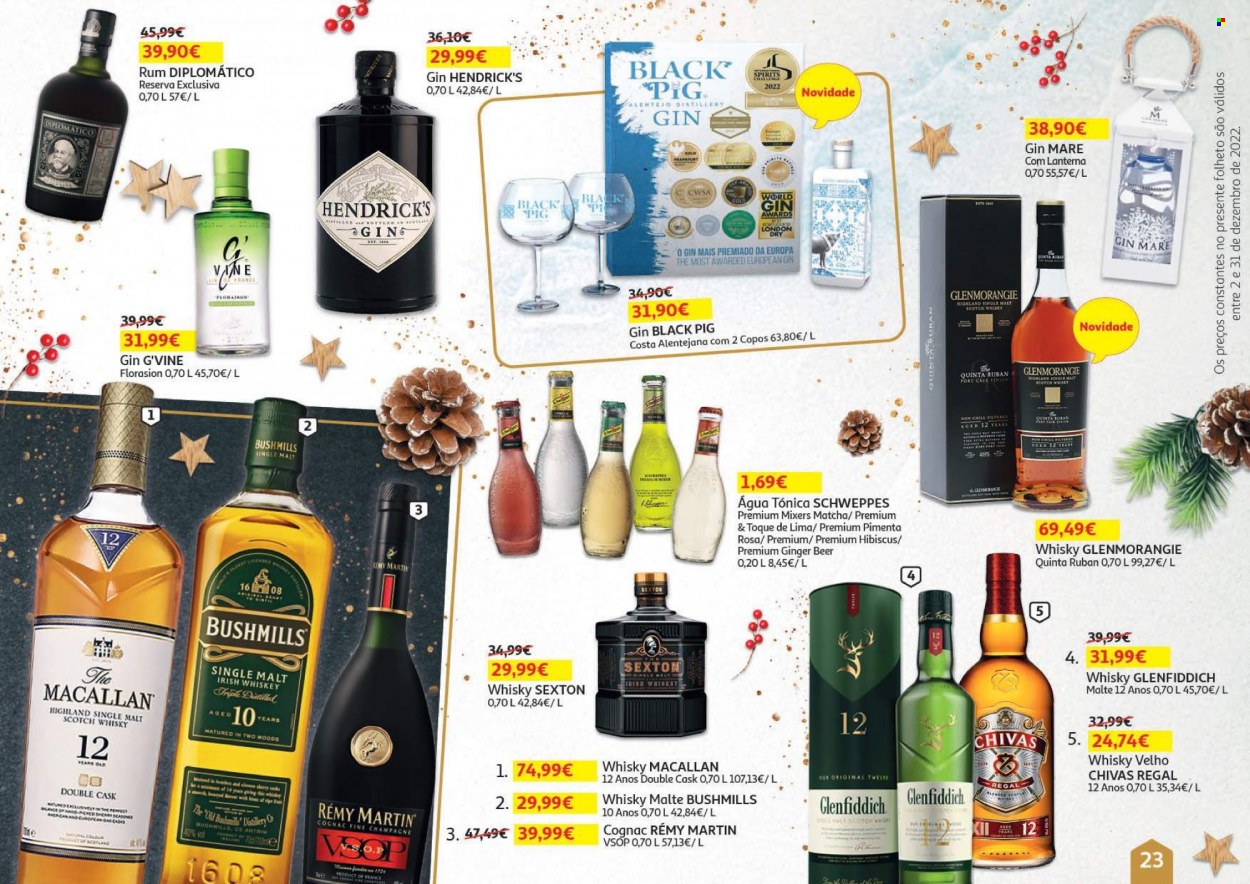thumbnail - Folheto Auchan - 2.12.2022 - 31.12.2022 - Produtos em promoção - lima, Schweppes, água tónica, matcha, champagne, Cognac, gin, whiskey, sherry, scotch whisky, rum, London Dry Gin, Chivas Regal, Hendrick's. Página 23.