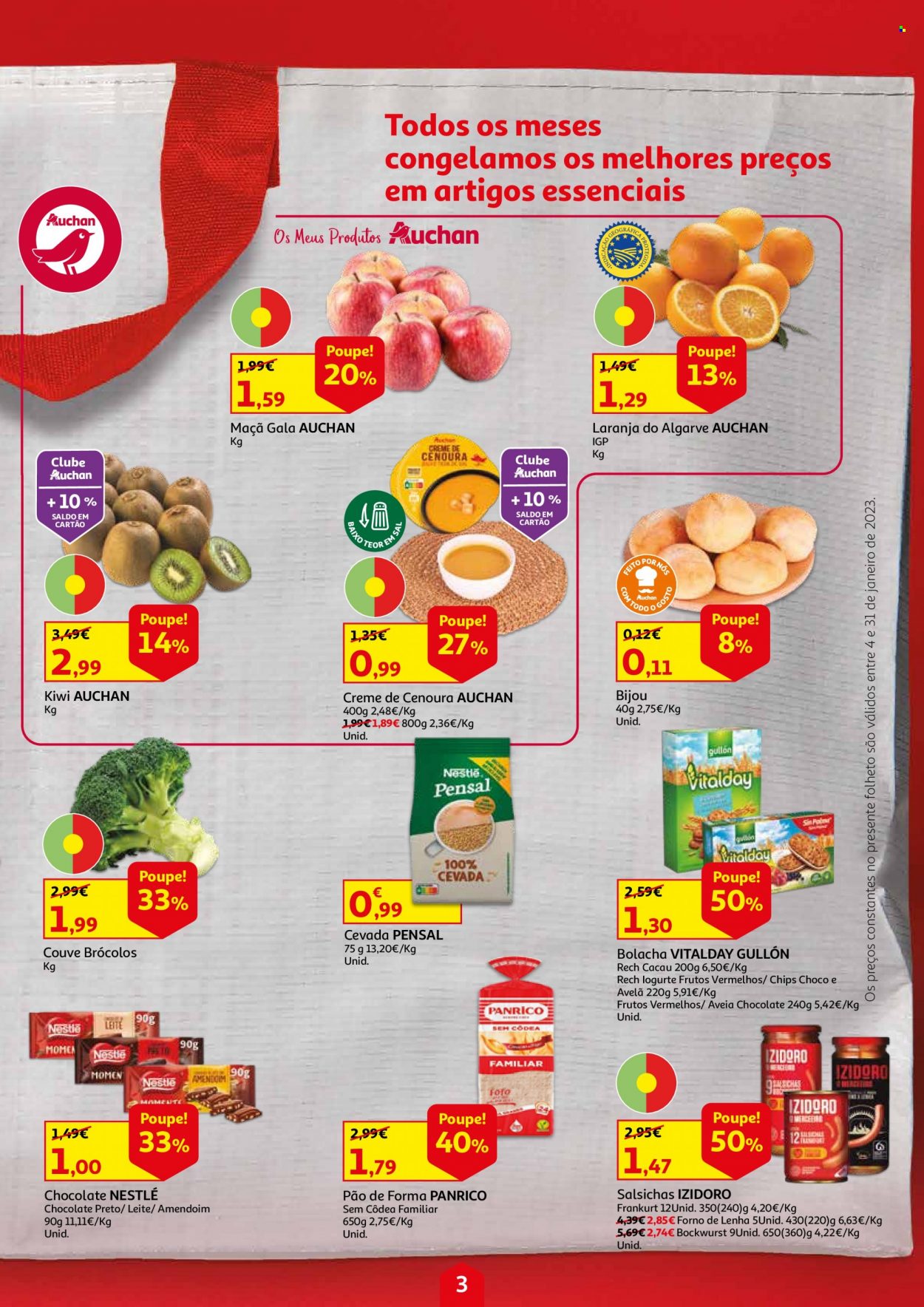thumbnail - Folheto Auchan - 4.1.2023 - 31.1.2023 - Produtos em promoção - maçã, kiwi, laranja, couve, pão, pão de forma, salsicha, Nestlé, bolachas, amendoim, Pensal. Página 3.