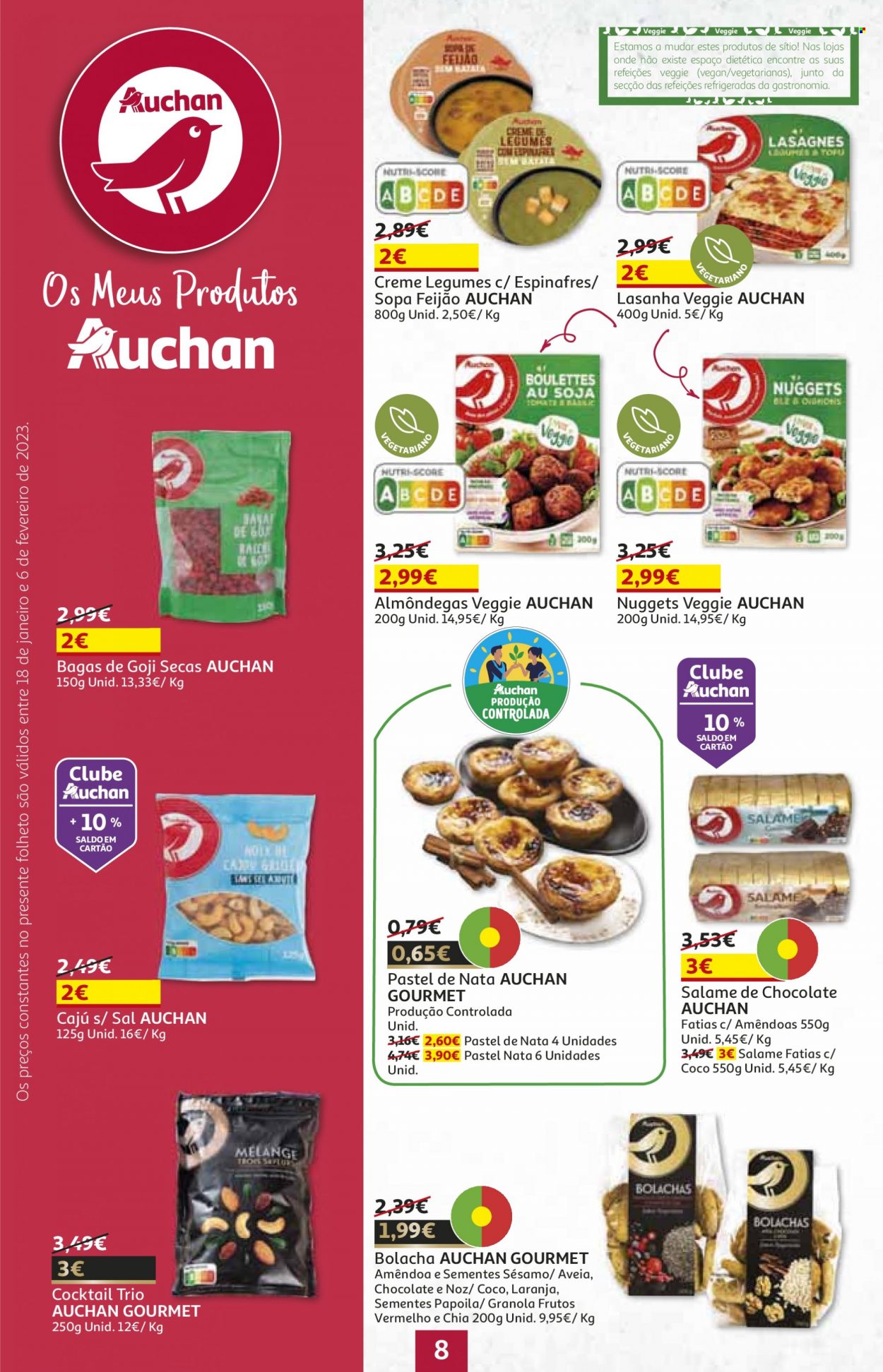 thumbnail - Folheto Auchan - 18.1.2023 - 6.2.2023 - Produtos em promoção - laranja, goji, caju, tarte de nata, almôndegas, lasanha, nuggets, sopa, salame, bolachas, granola, coco. Página 8.