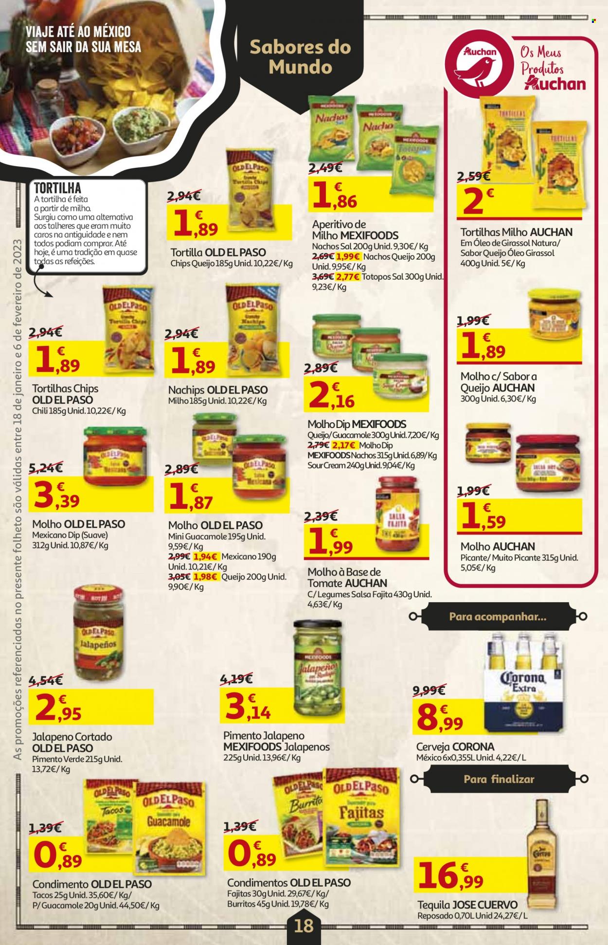 thumbnail - Folheto Auchan - 18.1.2023 - 6.2.2023 - Produtos em promoção - Corona, cerveja, pimento, tortilha, molho, chips, sal, condimento, tequila, aperitivo, talheres. Página 18.