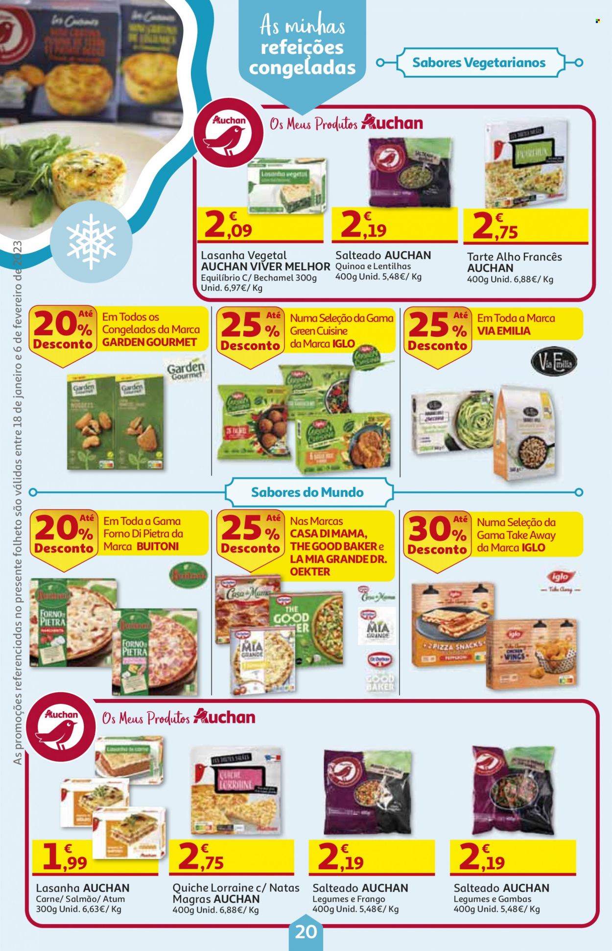 thumbnail - Folheto Auchan - 18.1.2023 - 6.2.2023 - Produtos em promoção - alho, alho-poró, carne, quiche, torta, salmão, atum, Iglo, gamba, lasanha, creme de leite, lentilhas. Página 20.