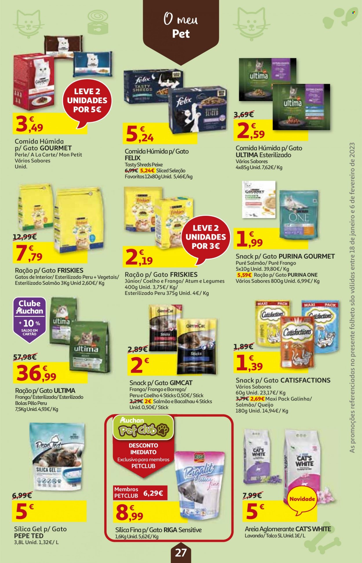 thumbnail - Folheto Auchan - 18.1.2023 - 6.2.2023 - Produtos em promoção - queijo, talco, areia vegetal, Friskies, Purina, ração, bacalhau. Página 27.