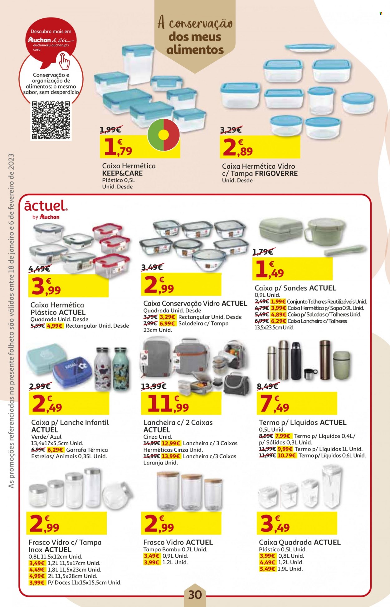 thumbnail - Folheto Auchan - 18.1.2023 - 6.2.2023 - Produtos em promoção - sopa, garrafa, garrafa térmica, talheres, lancheira. Página 30.