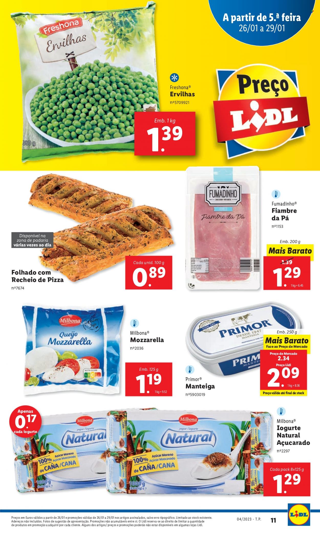 thumbnail - Folheto Lidl - 23.1.2023 - 29.1.2023 - Produtos em promoção - ervilha, mozzarella, iogurte, iogurte natural, manteiga. Página 29.