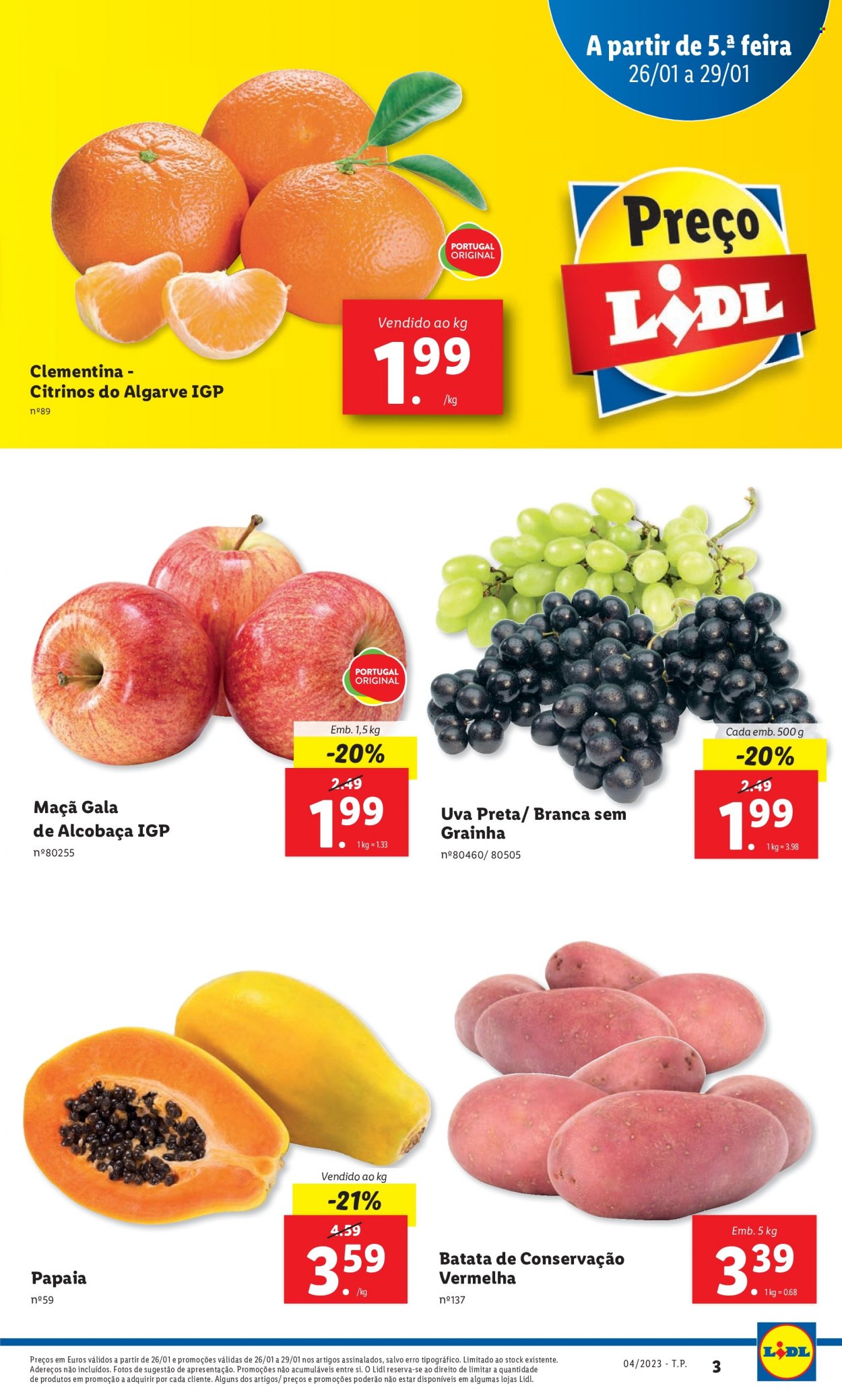 thumbnail - Folheto Lidl - 23.1.2023 - 29.1.2023 - Produtos em promoção - maçã, papaia, uva, mamão, uva preta, clementinas, batata. Página 3.